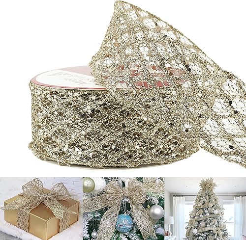 HUIHUANG Cinta de color champán con alambre de 2-12 pulgadas, cinta de borde de alambre de diamante con purpurina para árbol de vacaciones,