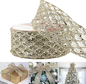 HUIHUANG Champagne Wired Ribbon 2-1/2", Glitter Diamond Wire Edge Ribbons Champagne Gold Christmas Ribbon for Holiday Tree, Bows Making, Wreath Supplies, Garlands, Home Decor, Crafts -10 Yards