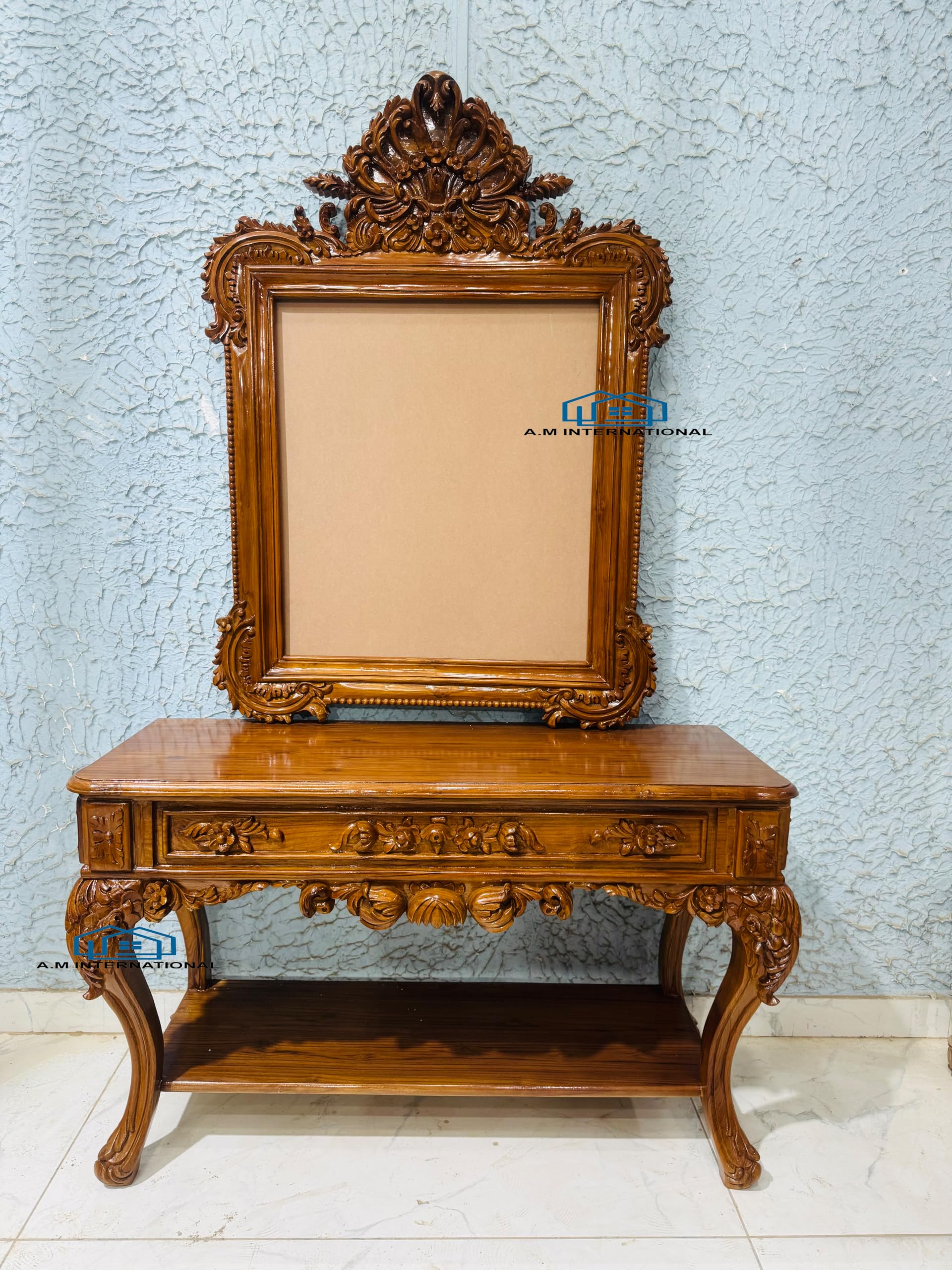 Premium Teak Wood Hand-Carved Console Table with Mirror Frame Set | Royal Traditional Dresser Vanity Table for Entryway, Living Room & Bedroom (Natural Finish)-picture-33