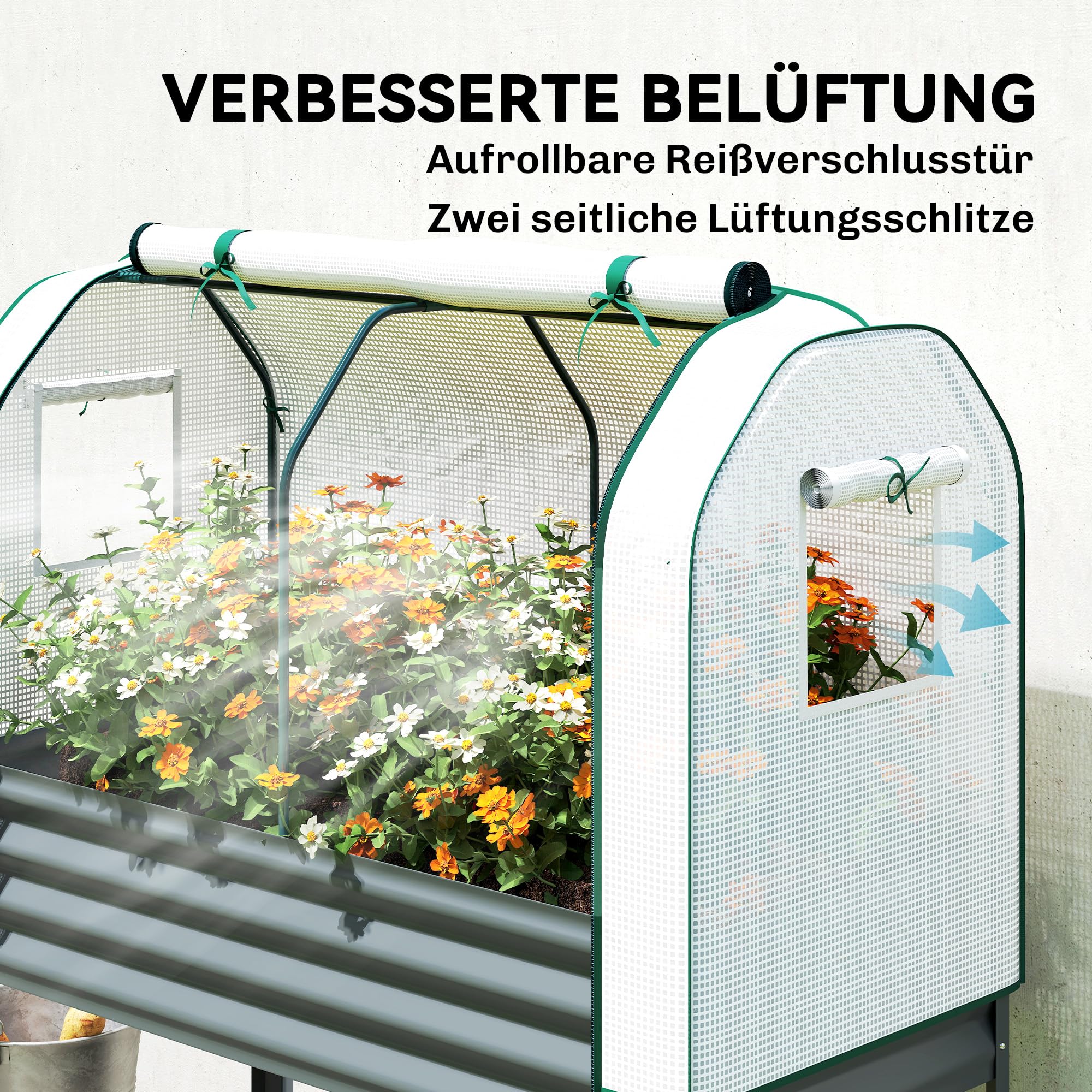 Outsunny Podwyższone łóżko ogrodowe z pokrowcem szklarniowym z metalu, skrzynka na rośliny z półką, podwyższone łóżko ogrodowe 120 x 55 x 140 cm do ogrodu, balkonu, tarasu, ciemnoszare