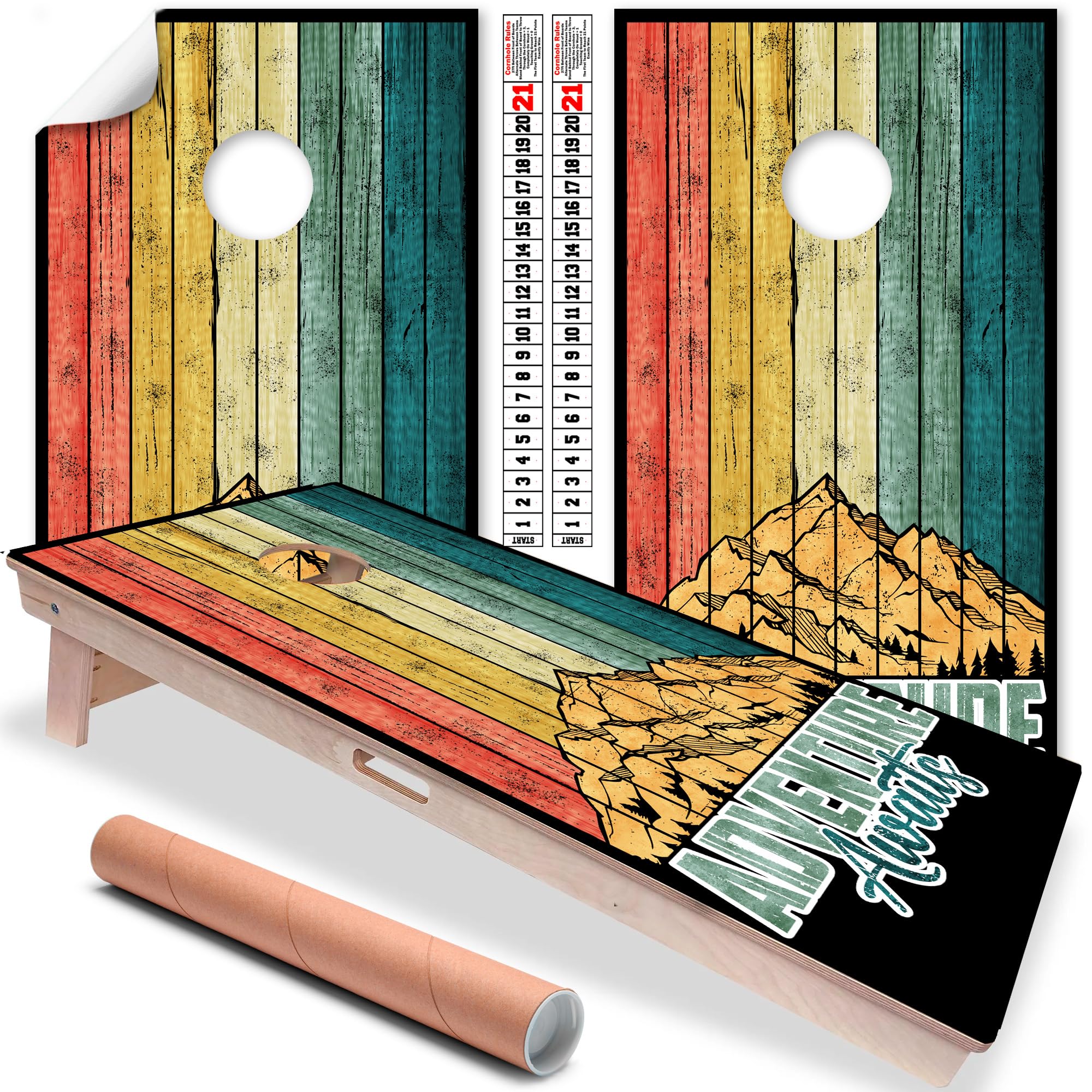 Cornhole Board Wraps and Decals for Boards Set of 2 Skins Professional Vinyl Covers Sticker Adventure Awaits Colorful Wooden Plank Style Cornhole Wraps Sticker Cornhole Skins Cornhole Wraps for Boards