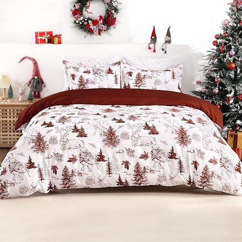 Miniatura 7 de CAROMIO Juego de funda de edredón de Navidad tamaño Queen, reversible, ropa de cama decorativa de Navidad, edredón rojo de microfibra suave + 2