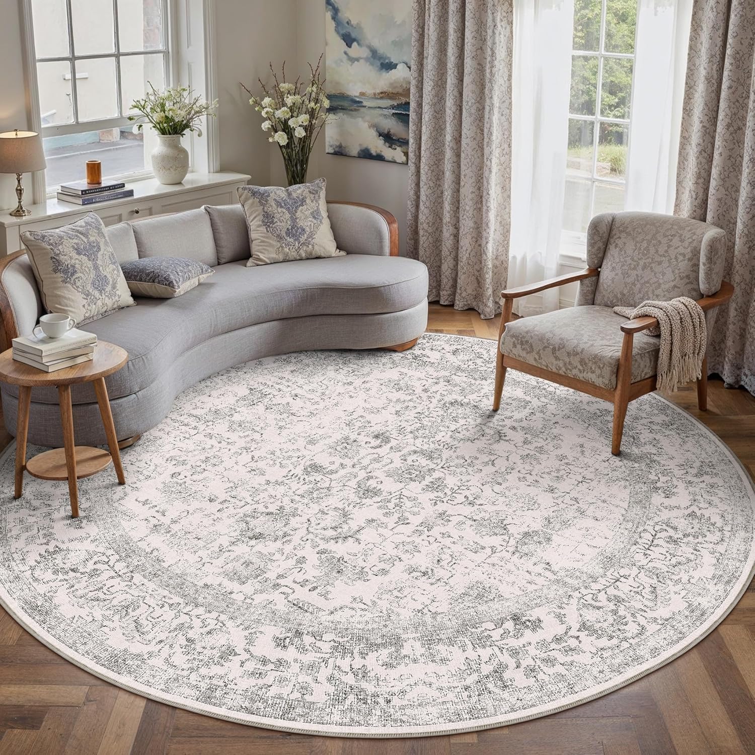 Grey Round Area Rug 8ft Entryway Door Mat Small Circle 8x8 Kitchen Vintage Carpet Non Slip Indoor Bedroom Washable Distressed Floral Retro Accent Throw Rug Office Bathroom