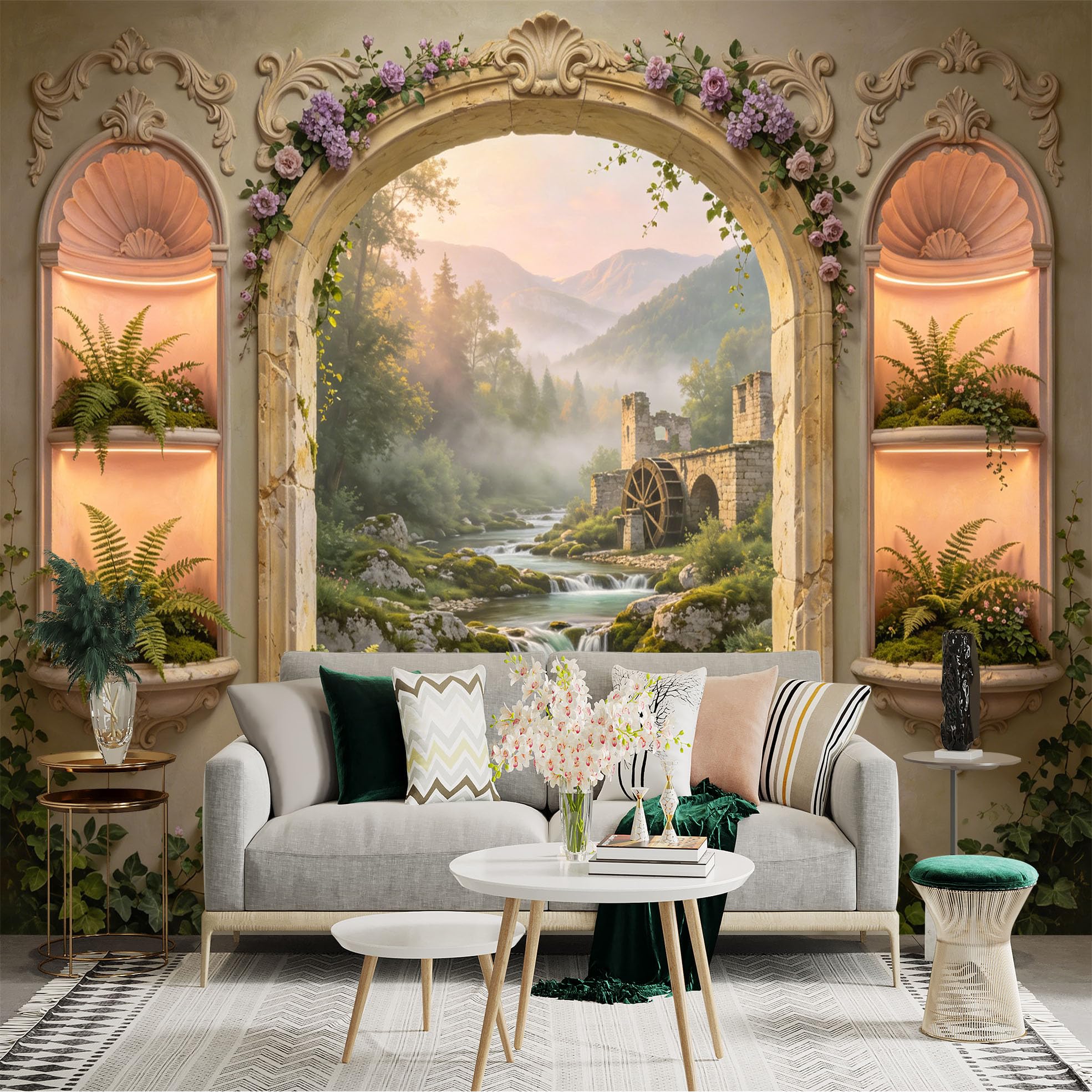 Custom Size Wall Sticker Mural， Vintage Stone Arch with River， Watermill and Mountain Landscape， for wall Decoration， peelandstick wall Decals.