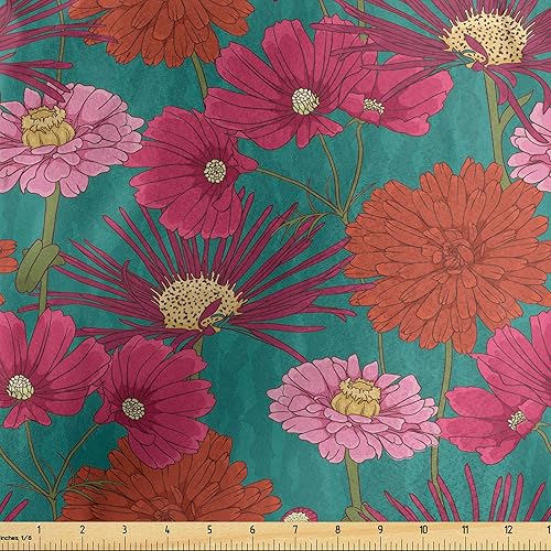 Ambesonne Flowers Fabric by The Yard, Cartoon Design Spring Floral Pattern with Cheerful Blooming Petals, Decorative Satin Fabric for Home Textiles