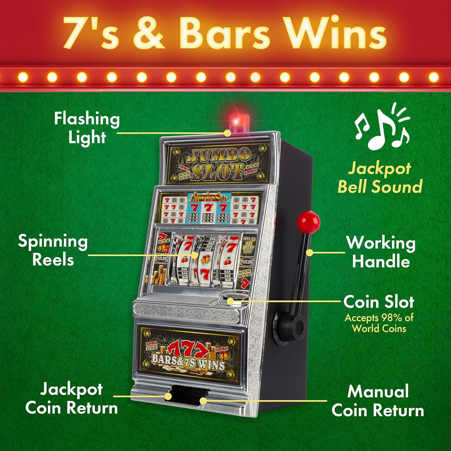 Real Slot Machine - Las Vegas Casino Slots with Flashing Lights and Realistic Jackpot Sounds - Lucky 7’s Casino Machine Accepts 98-Percent of World Coins by Trademark Games