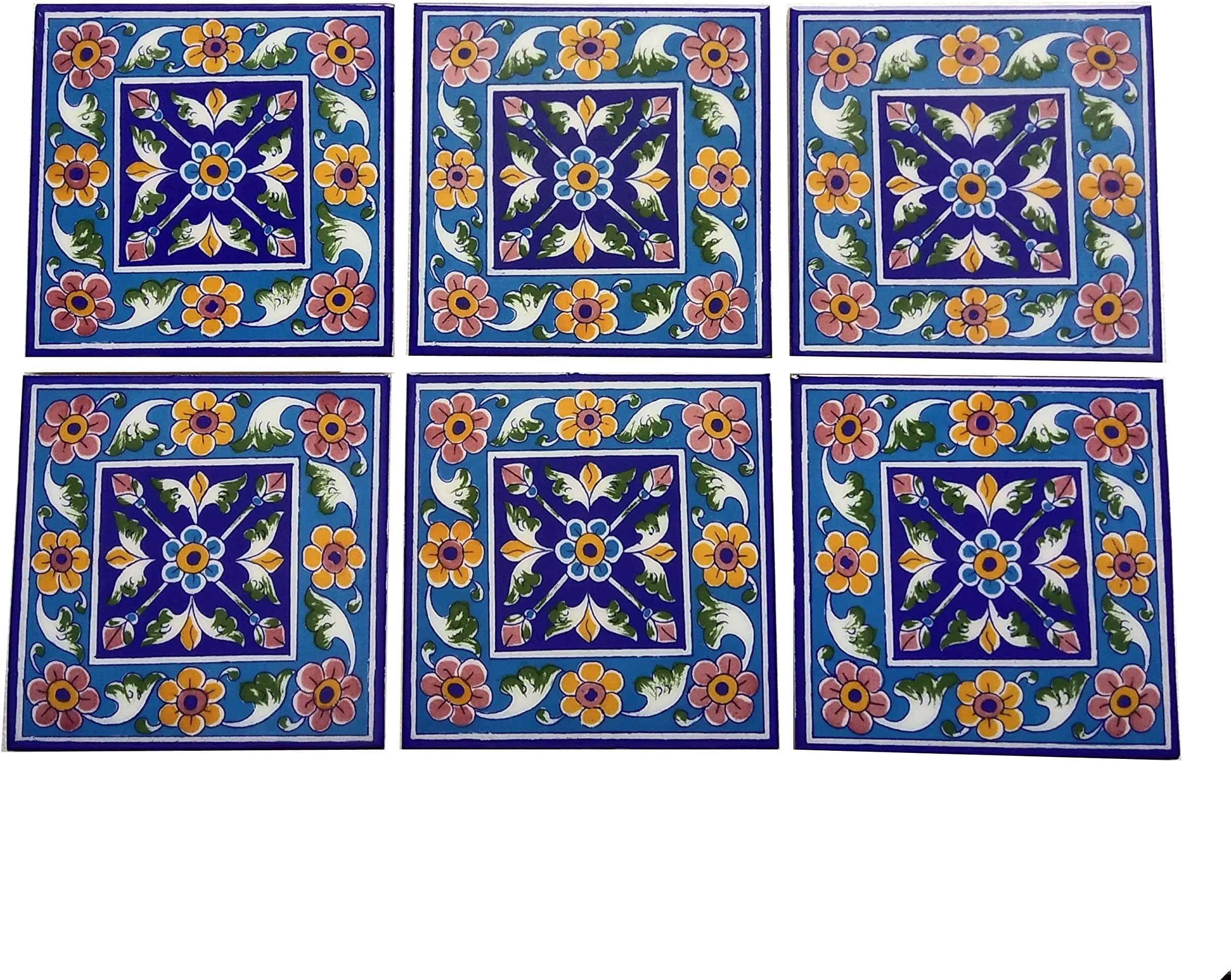 Shiv Kripa Blue Pottery Home Decorative Ceramic Wall Hanging Tile Design Flooring Tiles Floral Kitchen Washroom Mosaic Furniture Tile Handmade Backsplash 6 x 6 Inches Tile (Pack of 6, Blue)