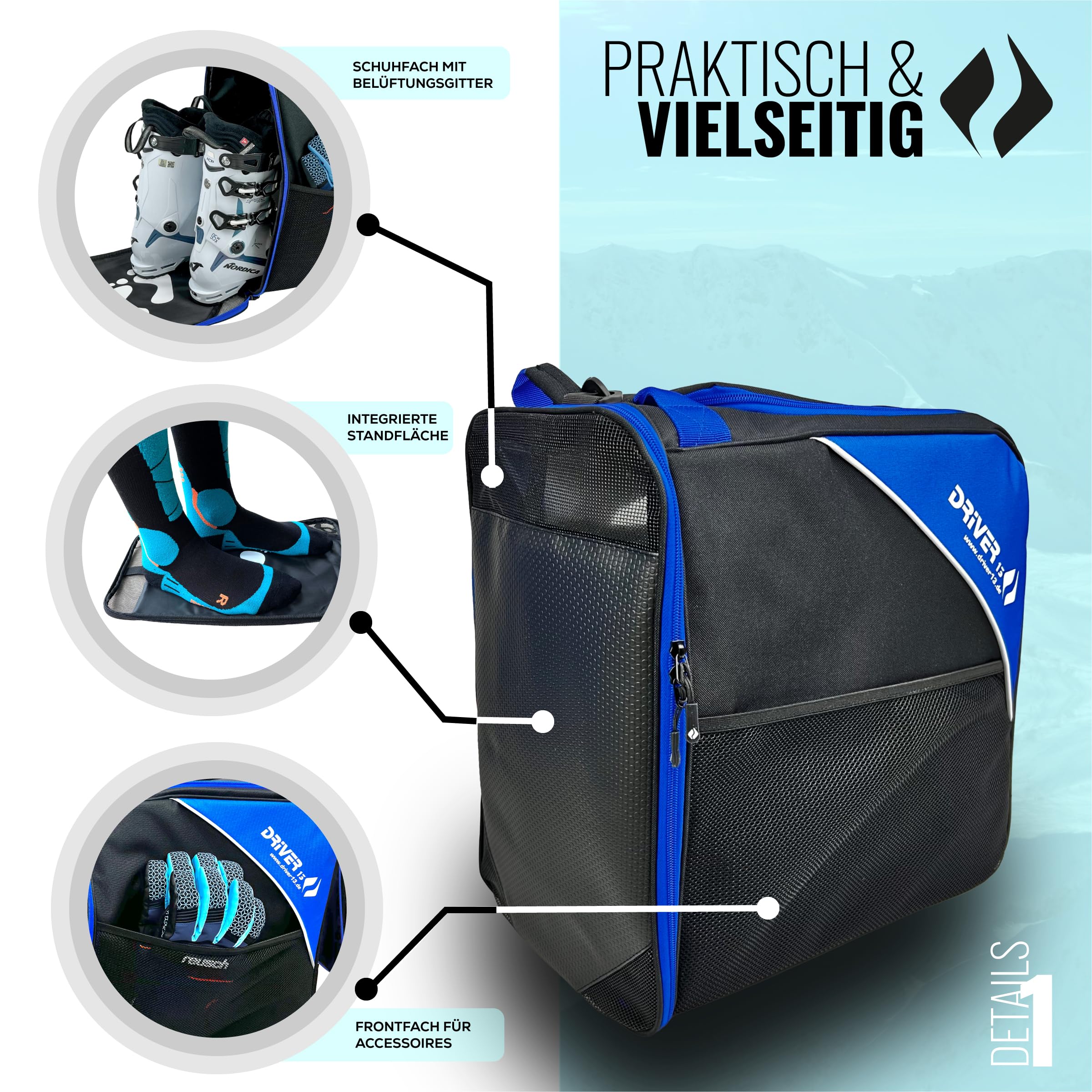 Driver13 ® Bolsa para Botas de esquí Bolsa para Botas de esquí con Compartimento para Casco para Botas Blandas duras inliner y Bolsa para Botas Negro-Azul