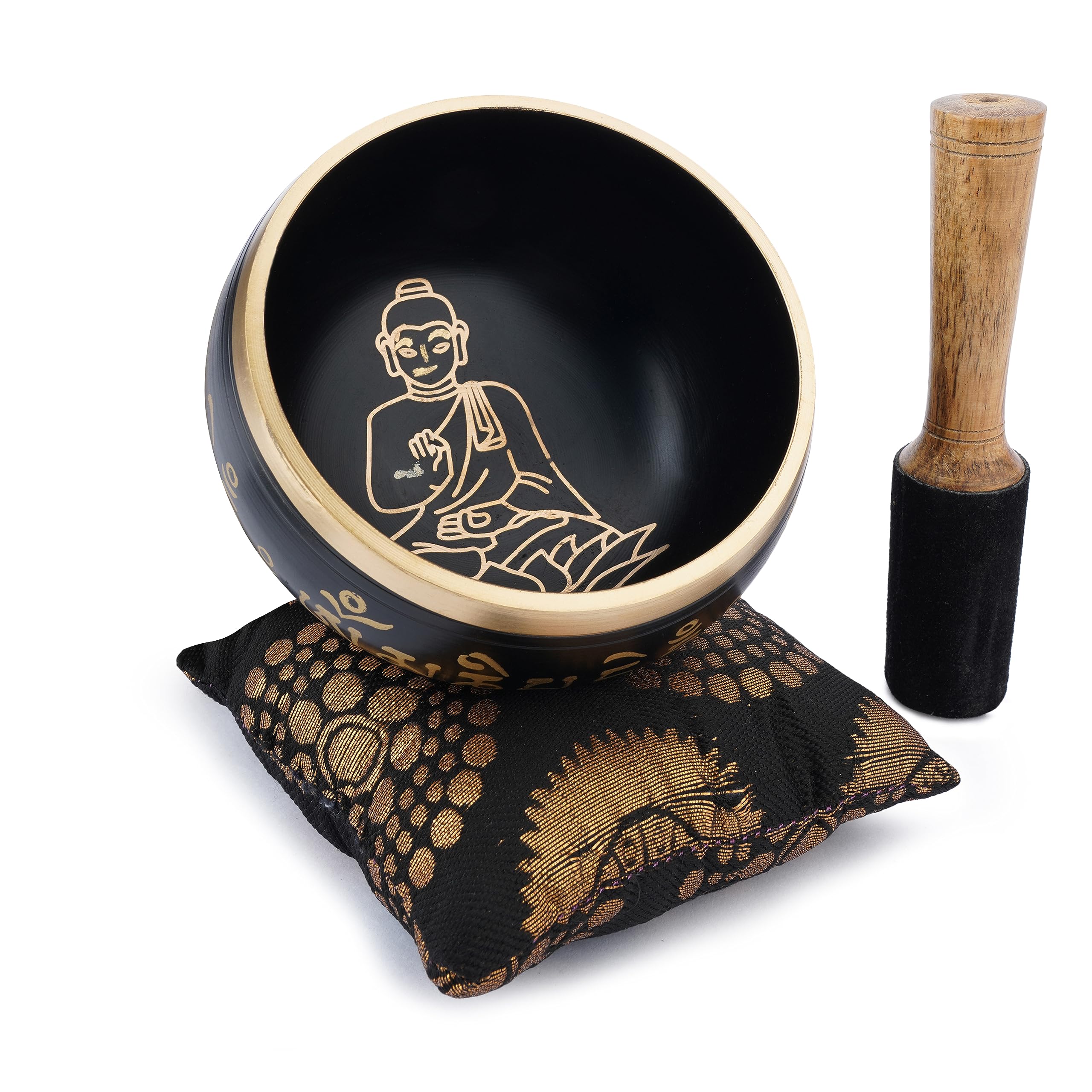 Ajuny - Cuenco budista tibetano para cantar, Buda sentado, sonido de meditacion de campana OM negra, 4 pulgadas de diametro para accesorios de relajacion y meditacion, palo y cojin incluidos