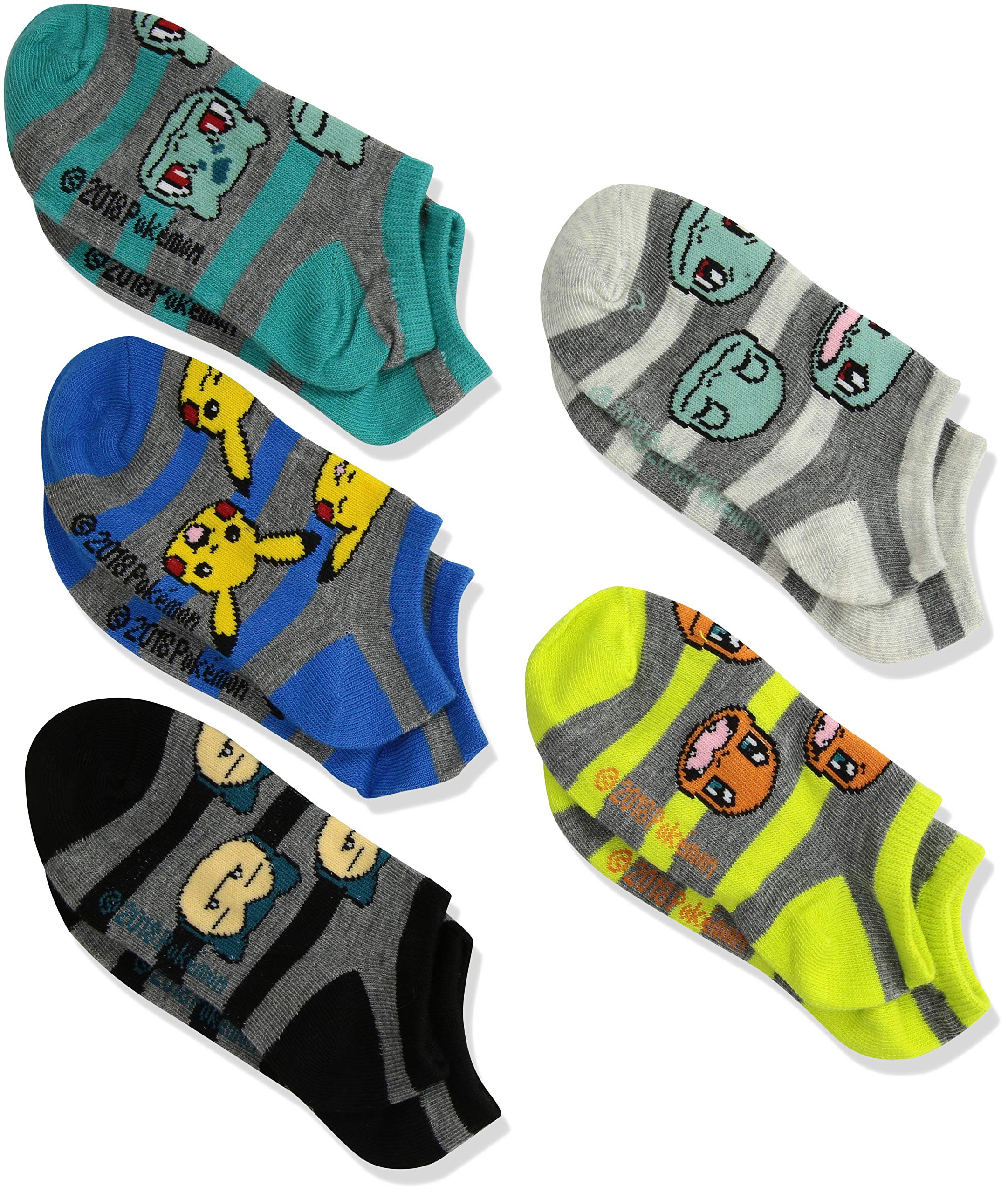 Pokemon Boys' Big 5 Pack No Show, Assorted Grey Stripe/el, Sock 6-8.5 fits Shoe Size 7.5-3.5
