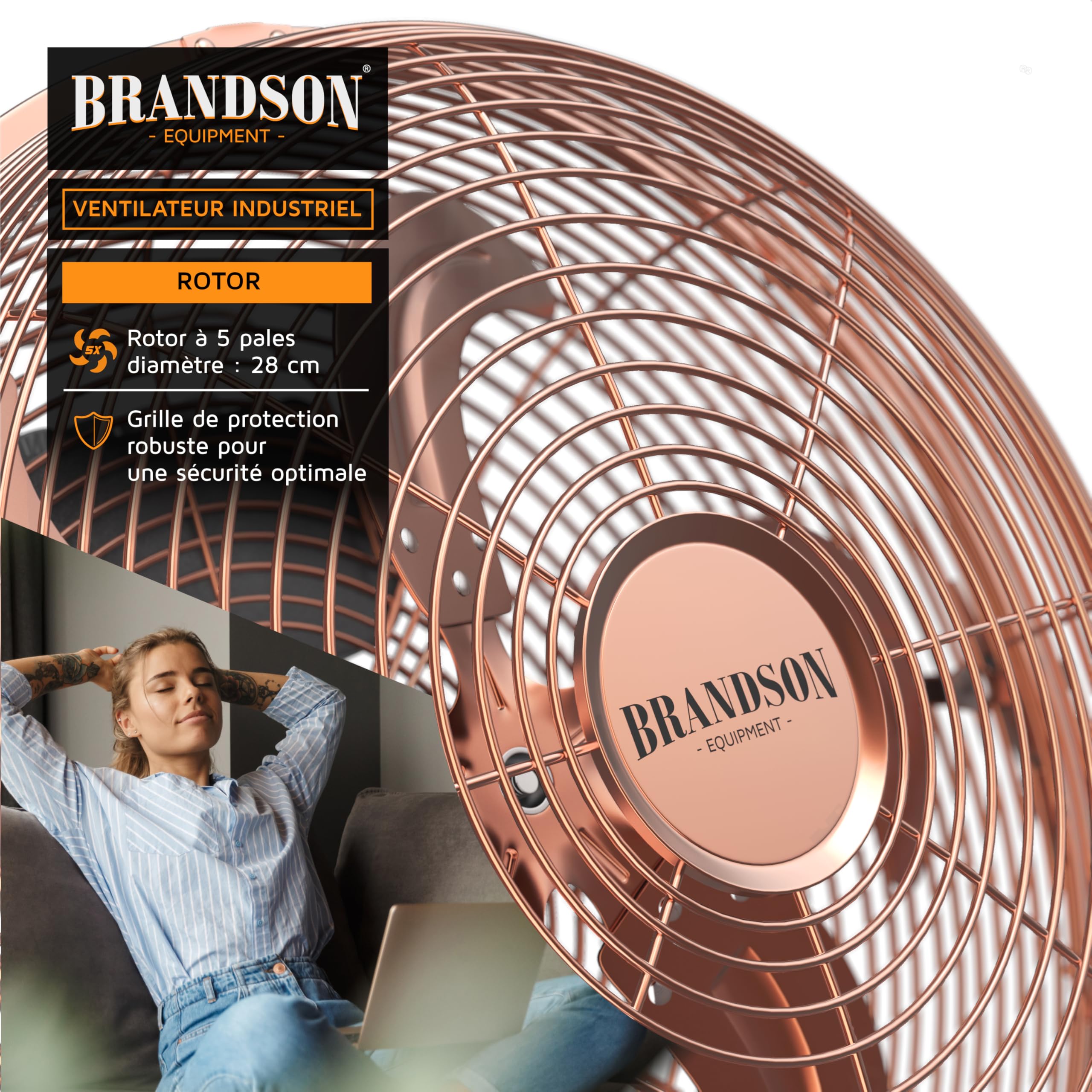 Brandson Ventilateur de Sol Design Rétro sur Pied de 30 cm - Métallique 3 Vitesses (Faible, Moyenne, Haute) - Débit d'air Élevé - Inclinable à 120° - Cuivré