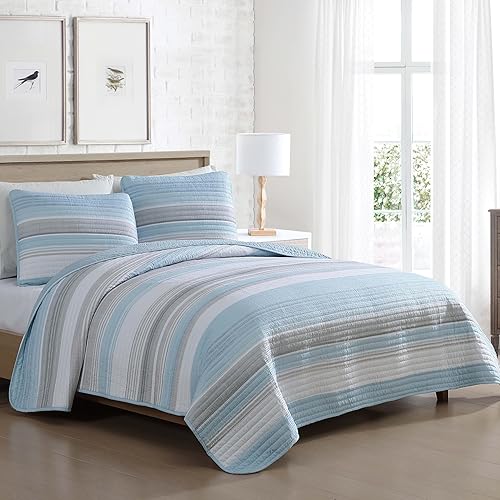 Beatrice Home Fashions Juego de edredón a Rayas, poliéster, Azul y Gris, tamaño 