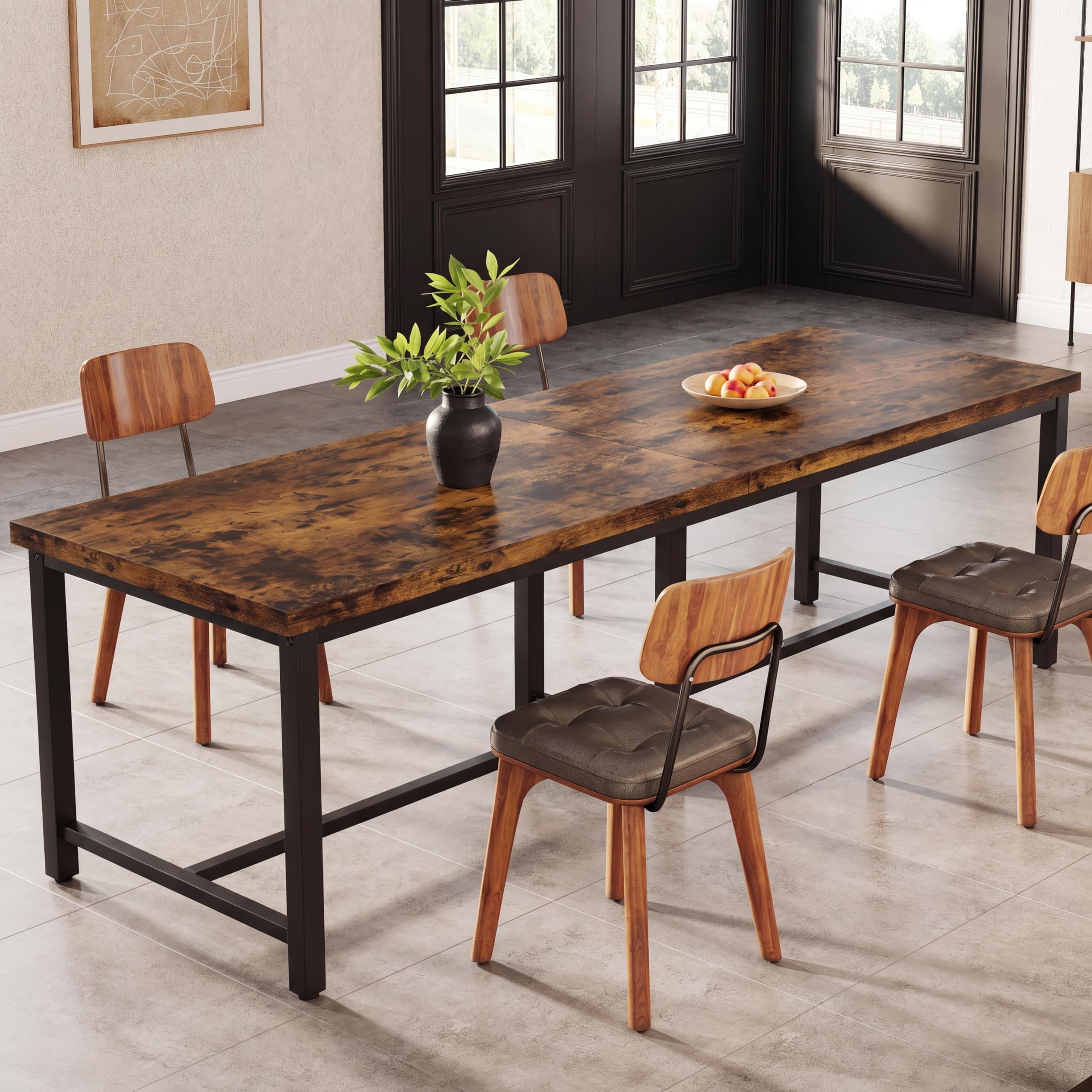 Tribesigns Mesa de comedor de 200 cm de largo para 6-8 personas, gran mesa de cocina rectangular industrial de madera, mesa de comedor rústica con patas de metal resistentes (marrón rústico)