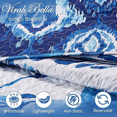 Miniatura 3 de Virah Bella Juego de ropa de cama tamaño matrimonialqueen, edredón reversible ligero con estampado botánico índigo, con 2 fundas de almohada a