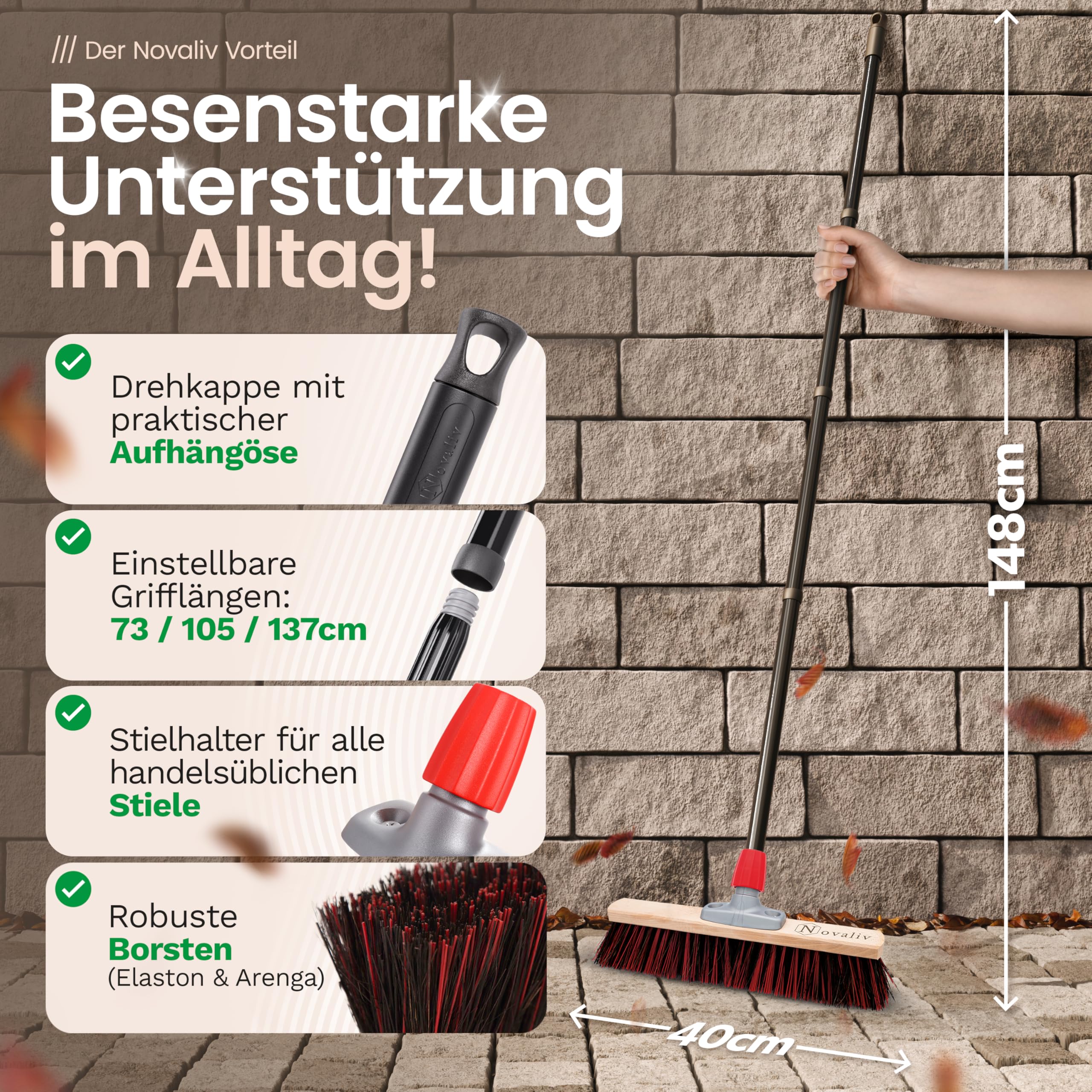 Novaliv Scopa da strada con manico da 40 cm Arenga-Elaston setole con scopa zincata, composta da paletta e scopa a mano, ideale come scopa da giardino per terrazze, scopa da cortile Outdoor Broom