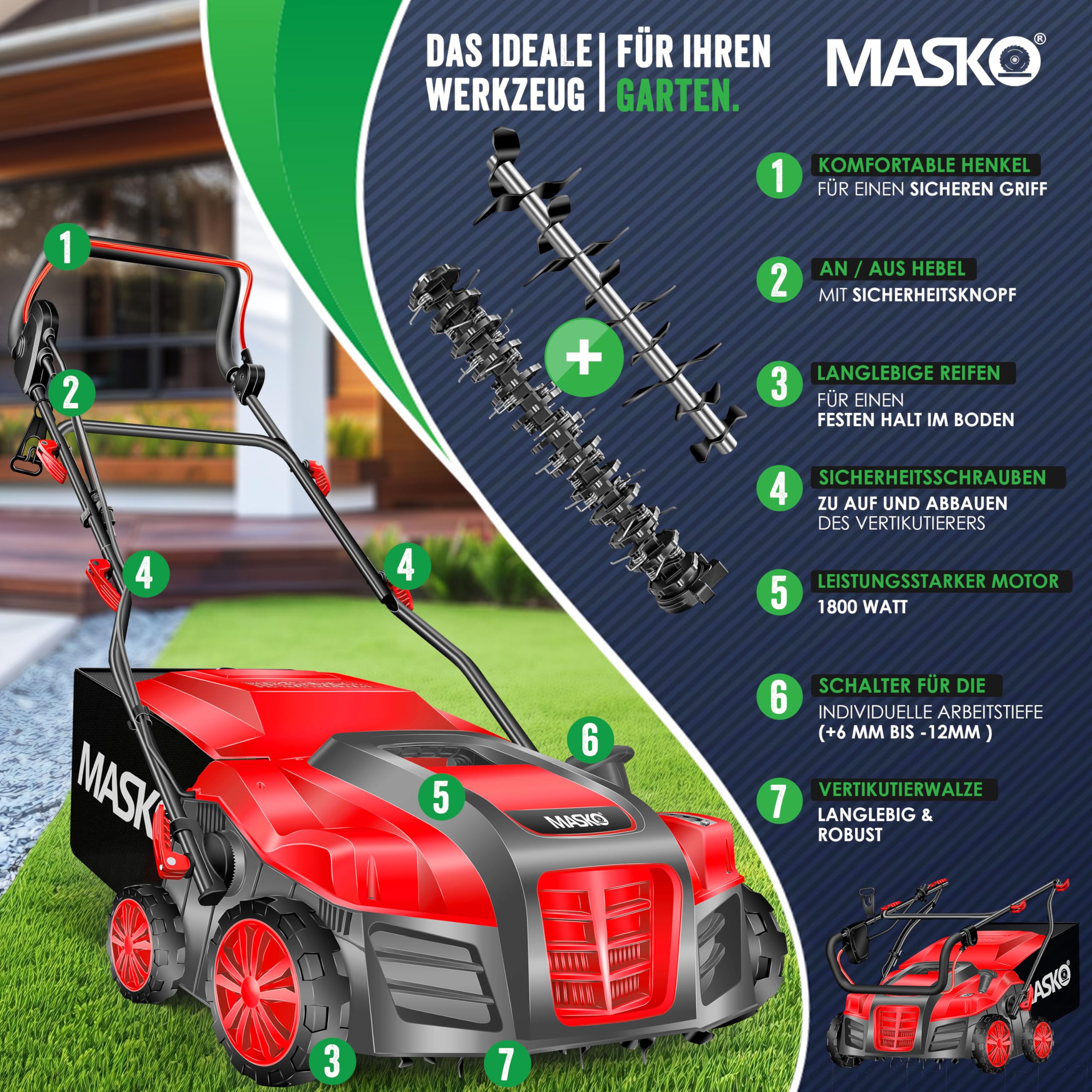 MASKO® Scarificateur électrique 2 en 1 Aérateur de gazon 1 800 watts largeur de travail 40 cm bac de ramassage 55 L incluant rouleau de ventilation aérateur démousseur, profondeur de travail, rouge