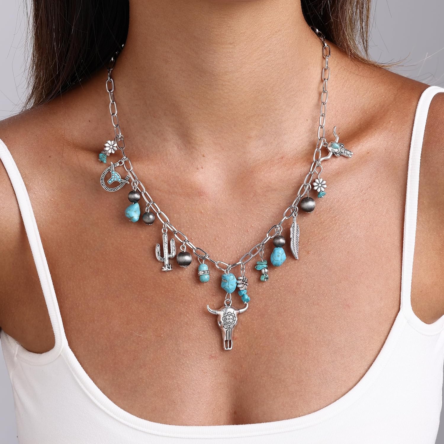 Western Turquoise Necklace for Women, Boho Turquoise Bull Head Cowboy Chic Charm Necklace, Adjustable Chain Country Concert Accessories Cowgirl Jewelry for Women - Image 6