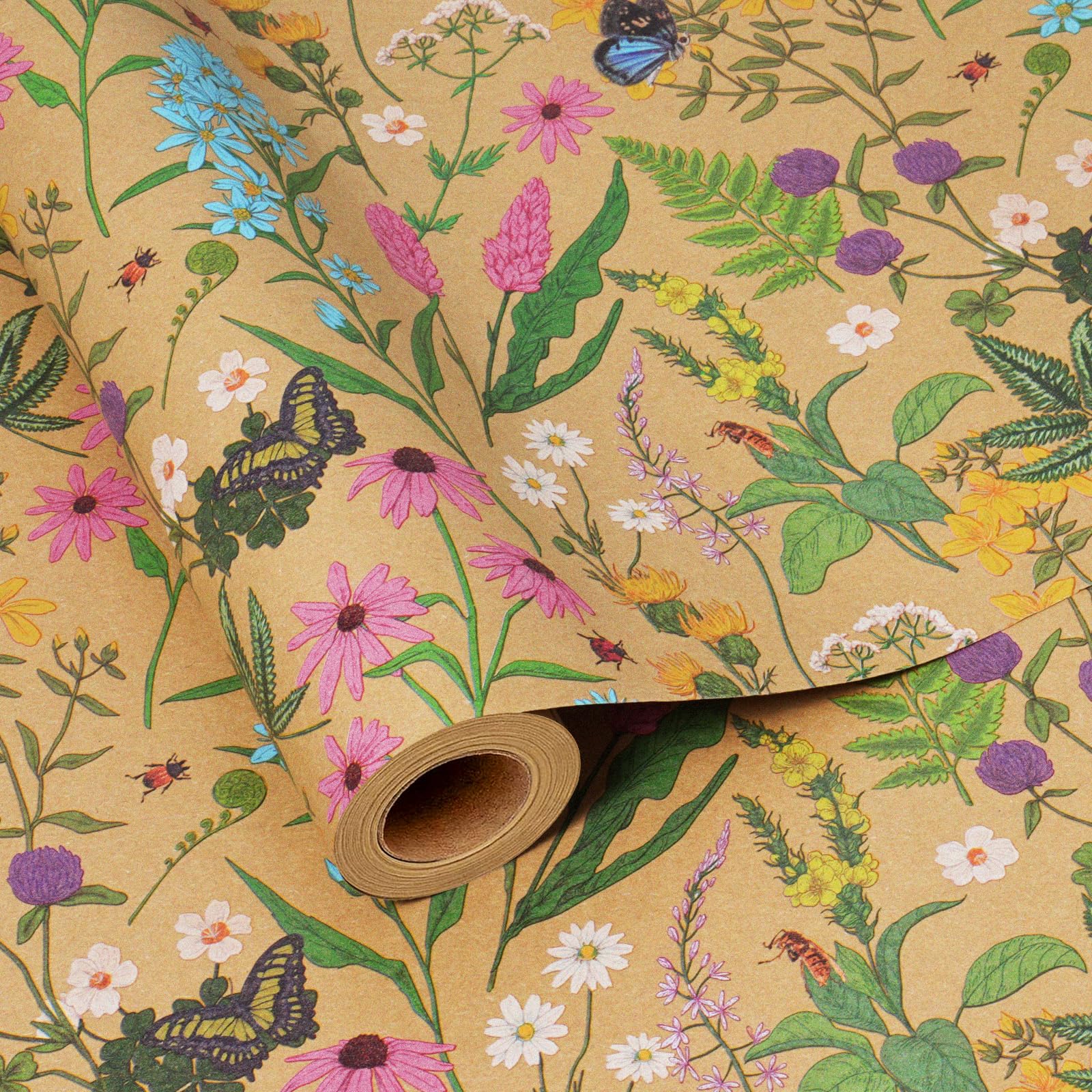 BIOBROWN Kraft Floral Wrapping Paper Roll - 43cm X 10m Wildflower Design Flower Gift Wrap for Wedding, Bridal Shower, Mother's Day, Engagement, Birthday