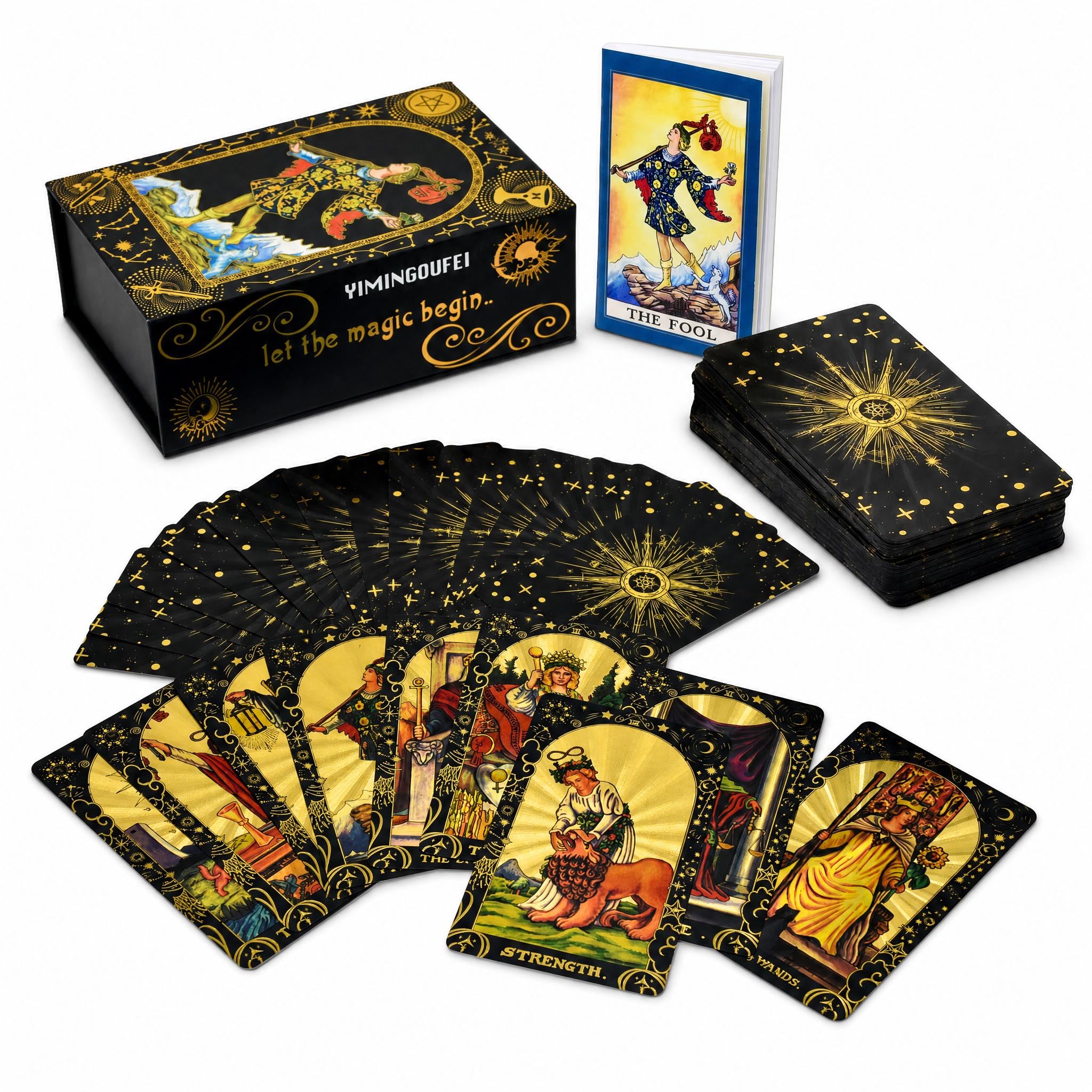 Mazzo di Tarocchi Inglesi Waite in Lamina d'Oro Nero, 78 Carte Gold Foil in PVC Impermeabile con Guida da 36 Pagine, Design Misterioso Rider Waite
