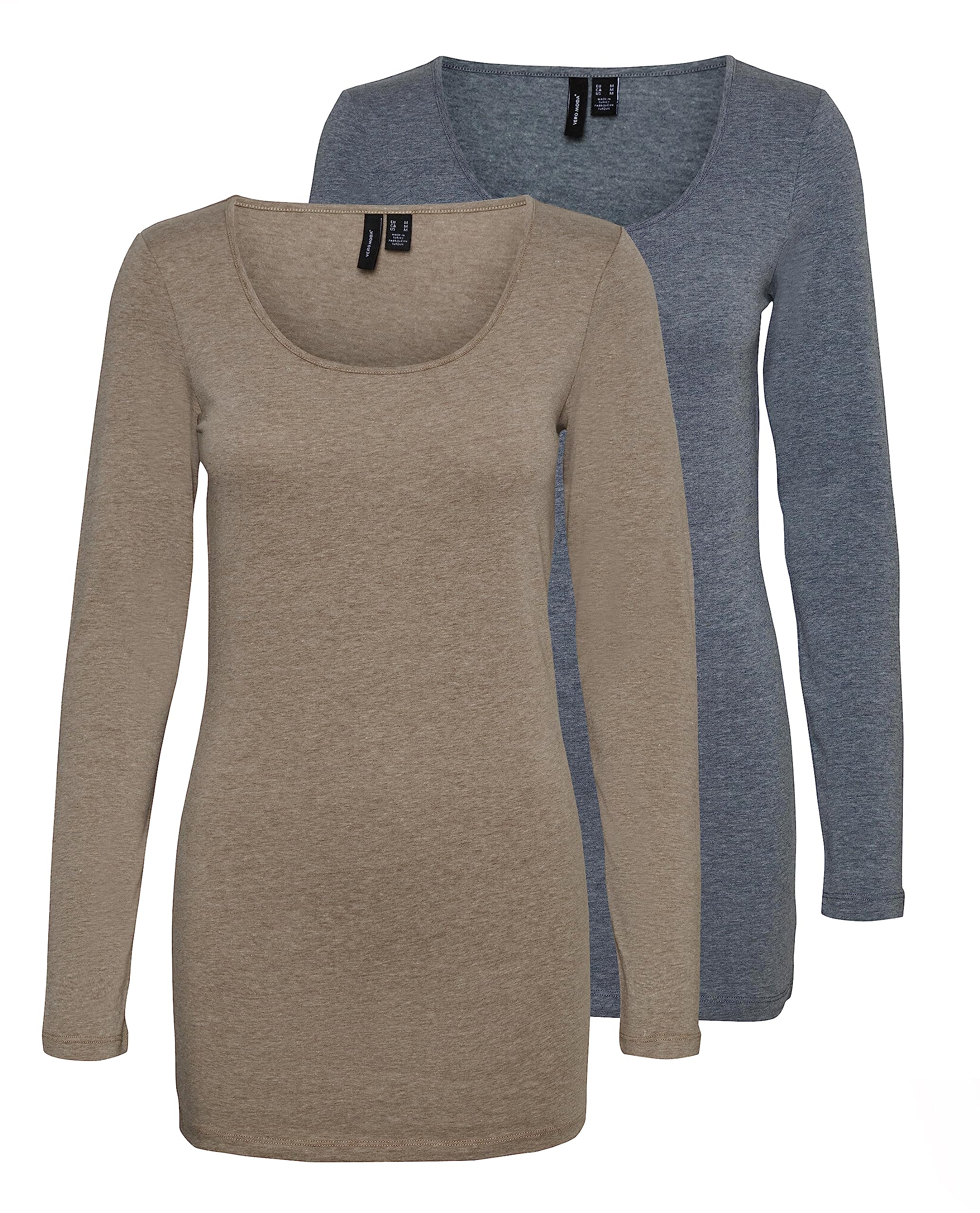 VERO MODA Women's Long-Sleeved Blouse, Pack of 2, Blue/Brown (1 x Ombre Blue Melange / 1 x Walnut Melange), S
