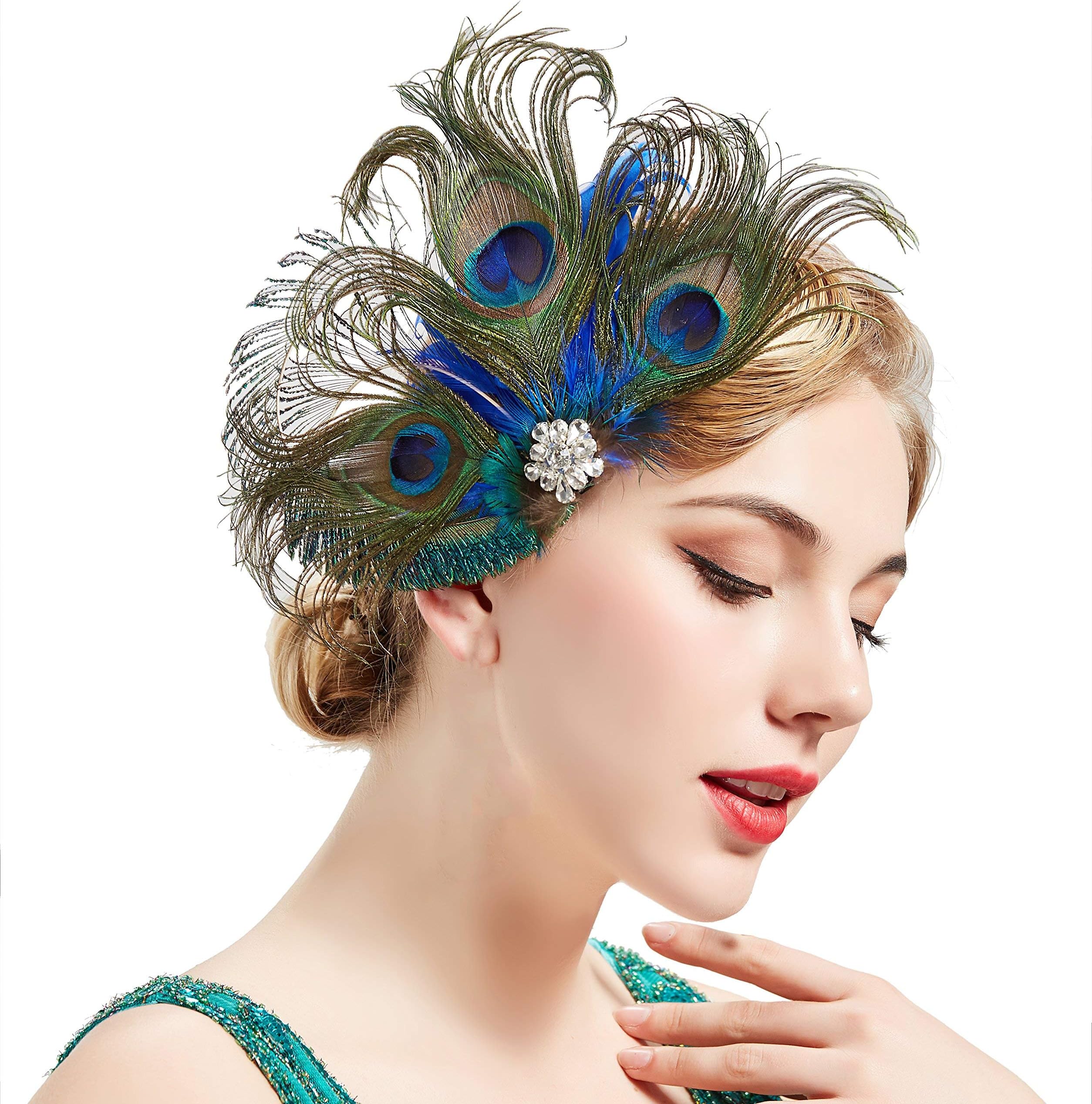 Excefore Peacock Feather Fascinator Hair Clip Headband 1920s Costume Flapper Headpiece with Rhinestones