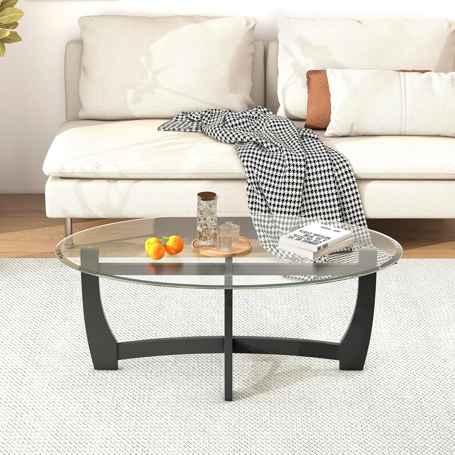 Giantex Glass Coffee Table, 48" Oval Accent Tea Table with Tempered Glass Top & Solid Wood Structure, Simple Modern Cocktail Table Center Table for Living Room Reception Room Home Office, Black