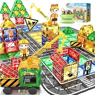 Kids Games Magnetic Tiles Road Set with Extendable Magnetic Crane, City Construction Building Toys for Toddlers STEM Presc...