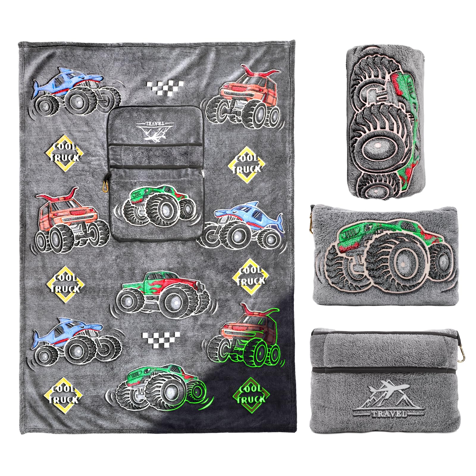 Truck Travel Blanket Pillow, Travel Blanket Airplane Compact with Bag, Pillow Blanket for Kids, Airplane Blanket for Long Flights, Plane & Car Travel
