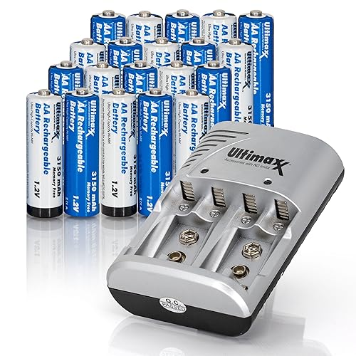 Ultimaxx 3150 mAh Rechargeable AA Batteries, Double A Battery - 20 Pack with NiMH Charger