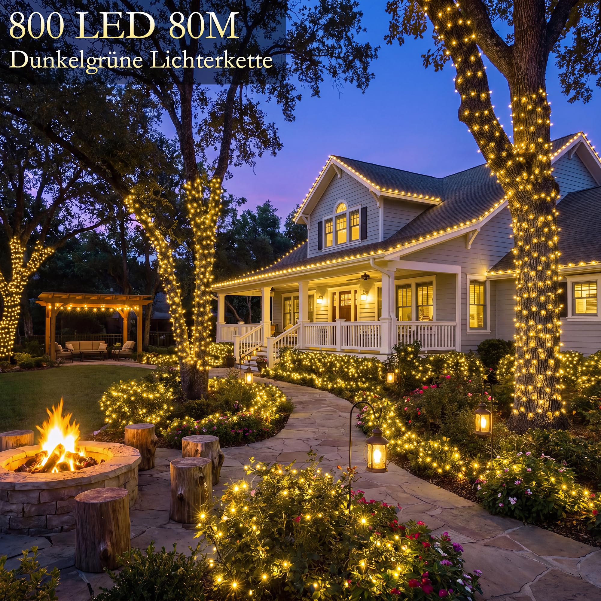 Lichterkette Außen 800 LED - 80M Llichterkette Aussen Wetterfest 8 Modi IP44 Wasserdicht Timer Dimmbar Lichterkette Außen Outdoor für Weihnachtsbaum Garten Terrasse Baum Hof Party