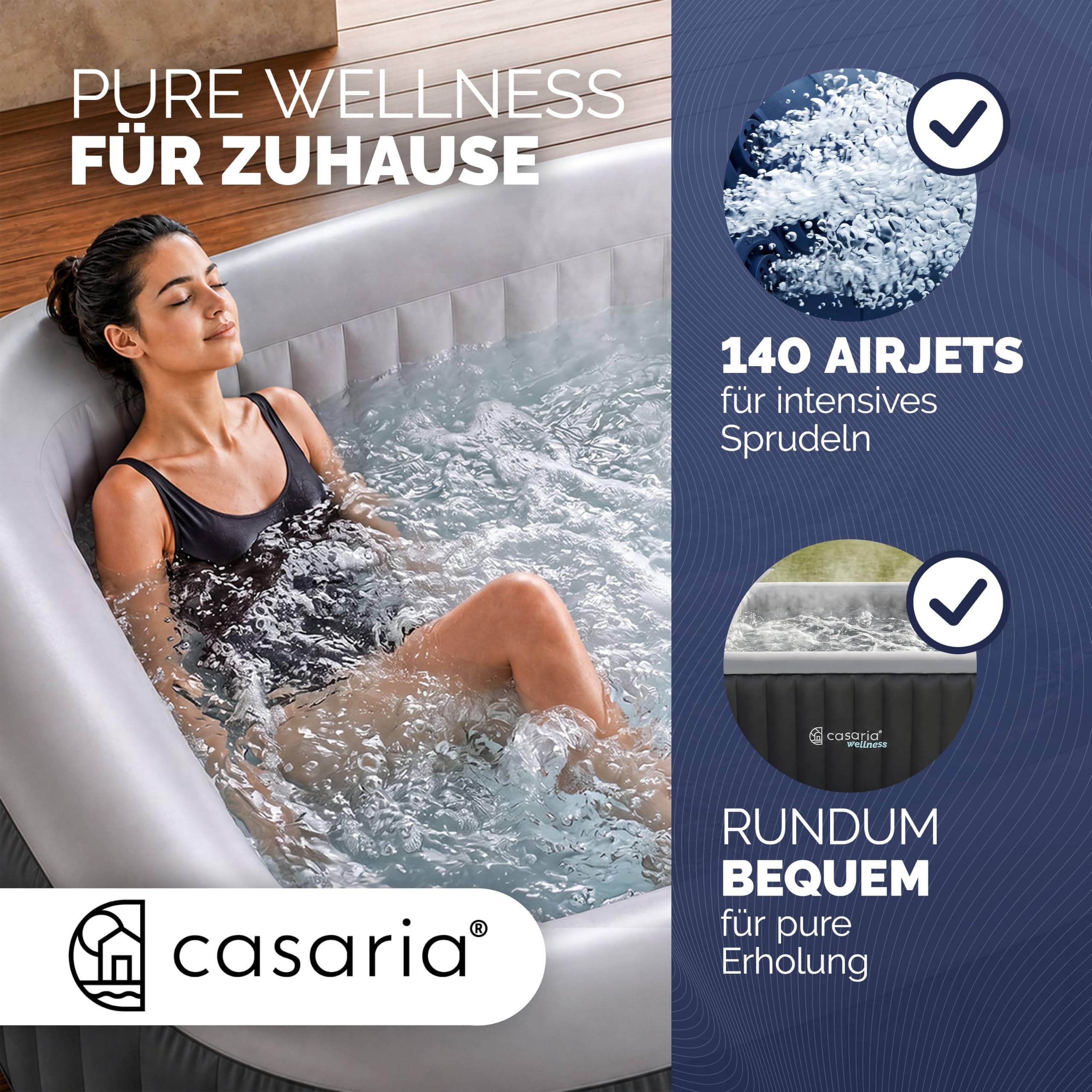 Casaria Aufblasbarer Whirlpool 178x178cm 6 Personen 140 Düsen bis 42°C Winterfest mit Frostschutz 3-lagiges PVC Spa Pool Abdeckung Filter & Zubehör Für In & Outdoor eckig