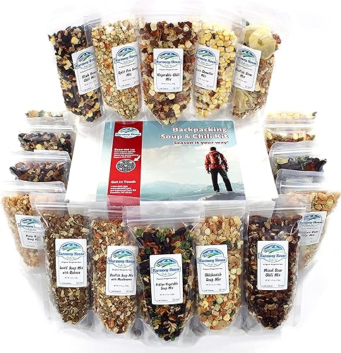 Harmony House Kit de sopa y chile para mochileros (sin condimentar) – Paquete variado de 18 unidades, bolsas resellables con cremallera, para