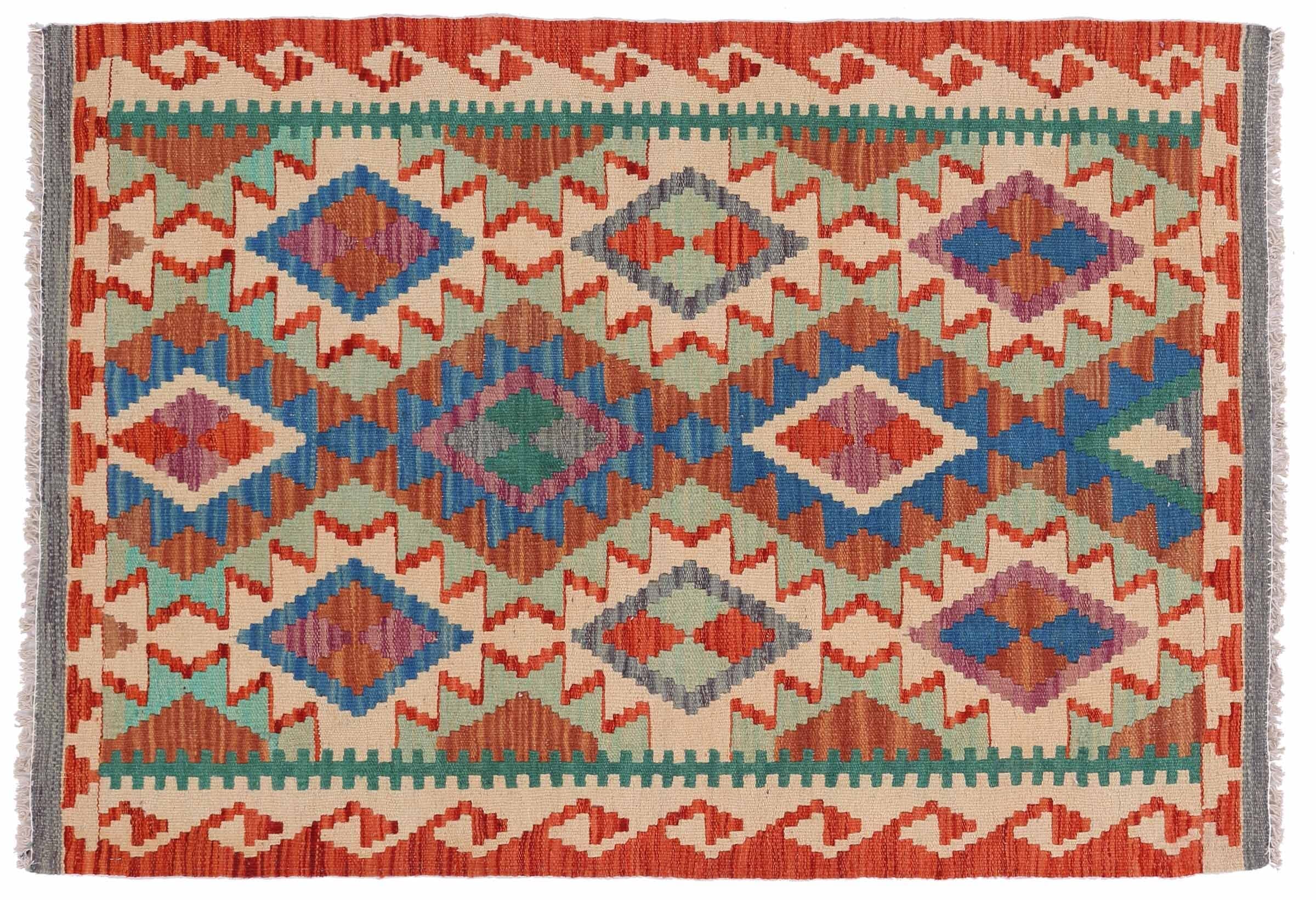 Tapis Kelim afghan authentique en tissage artisanal géométrique