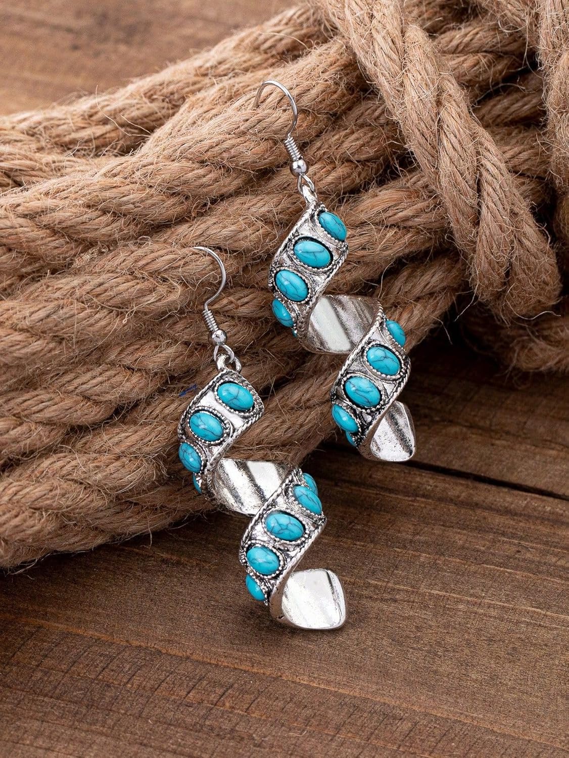 Boho Turquoise Spiral Dangle Earrings For Women，Handmade Spiral pendant Silver Earrings with Turquoise for Daily Wear - Image 9