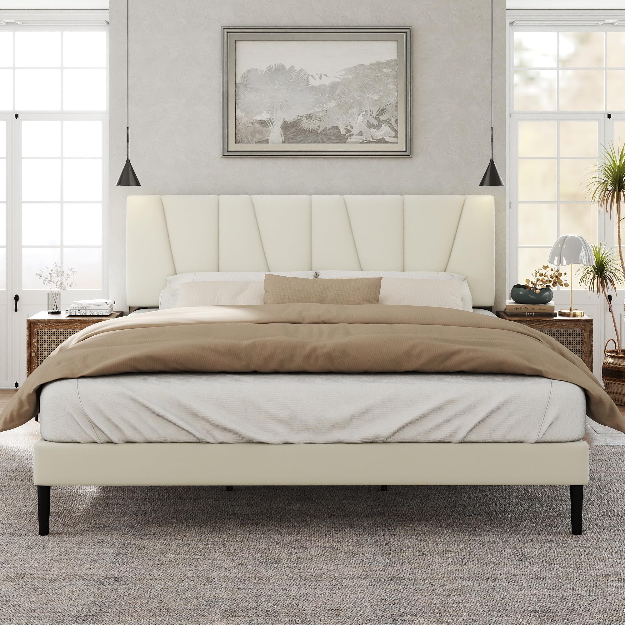 Base de cama tamaño King con cabecera tapizada de tela, plataforma con soporte de listones de madera, base de colchón completa, somier opcional, fácil montaje