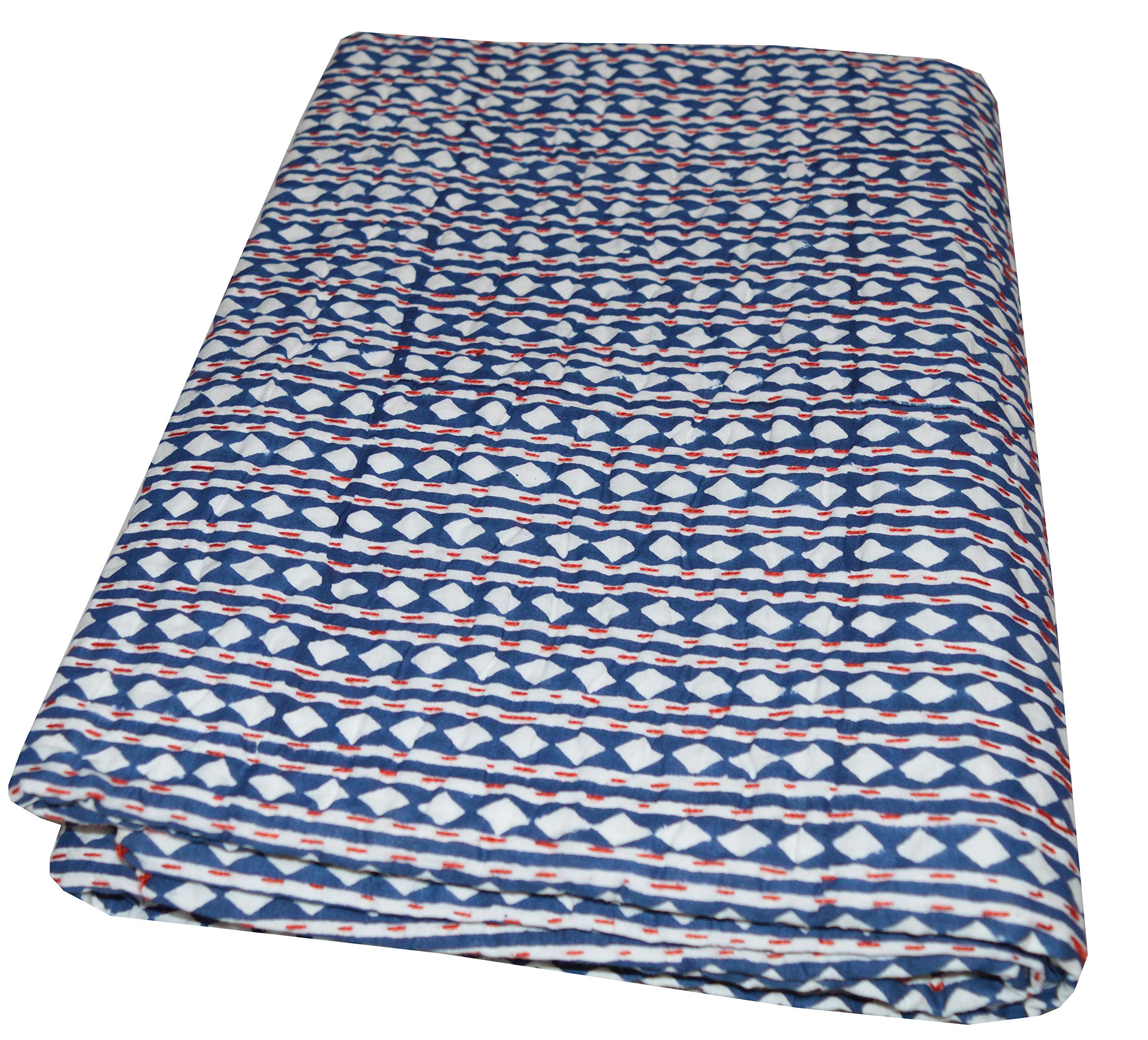 YUVANCRAFTS Indian Bagru Hand Block Print Kantha Quilt Twin Size Pure Cotton Handmade Vintage Kantha Quilt Throw Kantha Blanket Bedspread