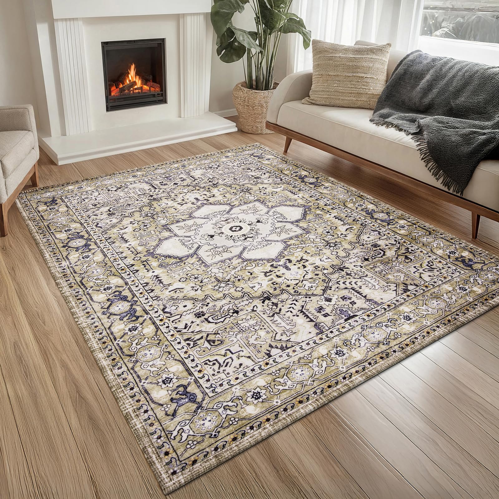 PURRUGS Vintage Farmhouse Boho Area Rug 5x7 ft, Non-Slip Machine Washable Rug, Accent Oriental Rug for Living Room, Dining Room, Bedroom, Entryway and
