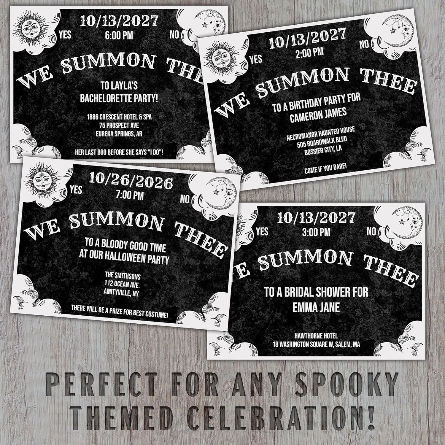 AlexandHer Design Gothic Spirit Board Invitations, 5x7 inches, for Weddings, Bridal Showers, Halloween, Bachelorette Parties (Black)