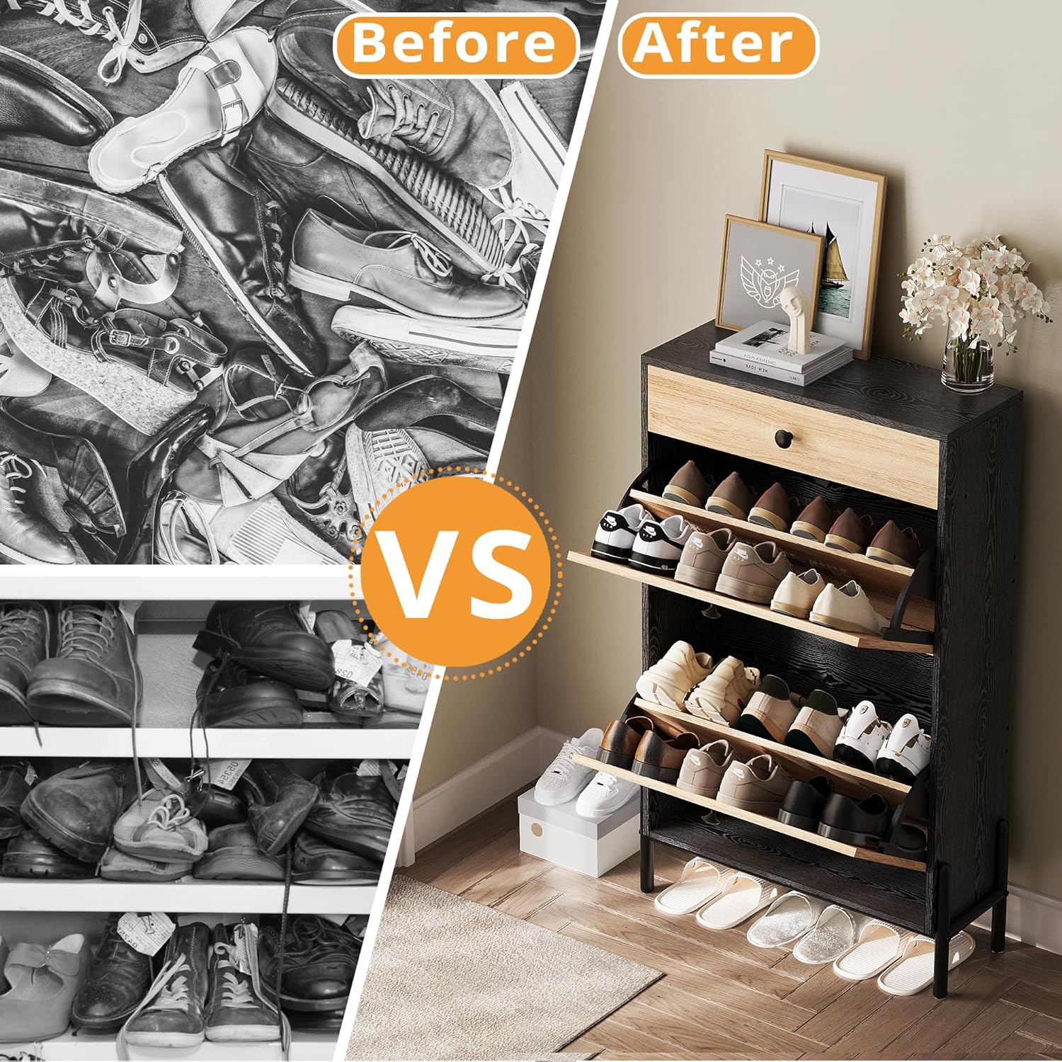 Comparison image showing the shoe cabinet's flip-down drawer with the middle board installed and removed, demonstrating increased storage space for boots.