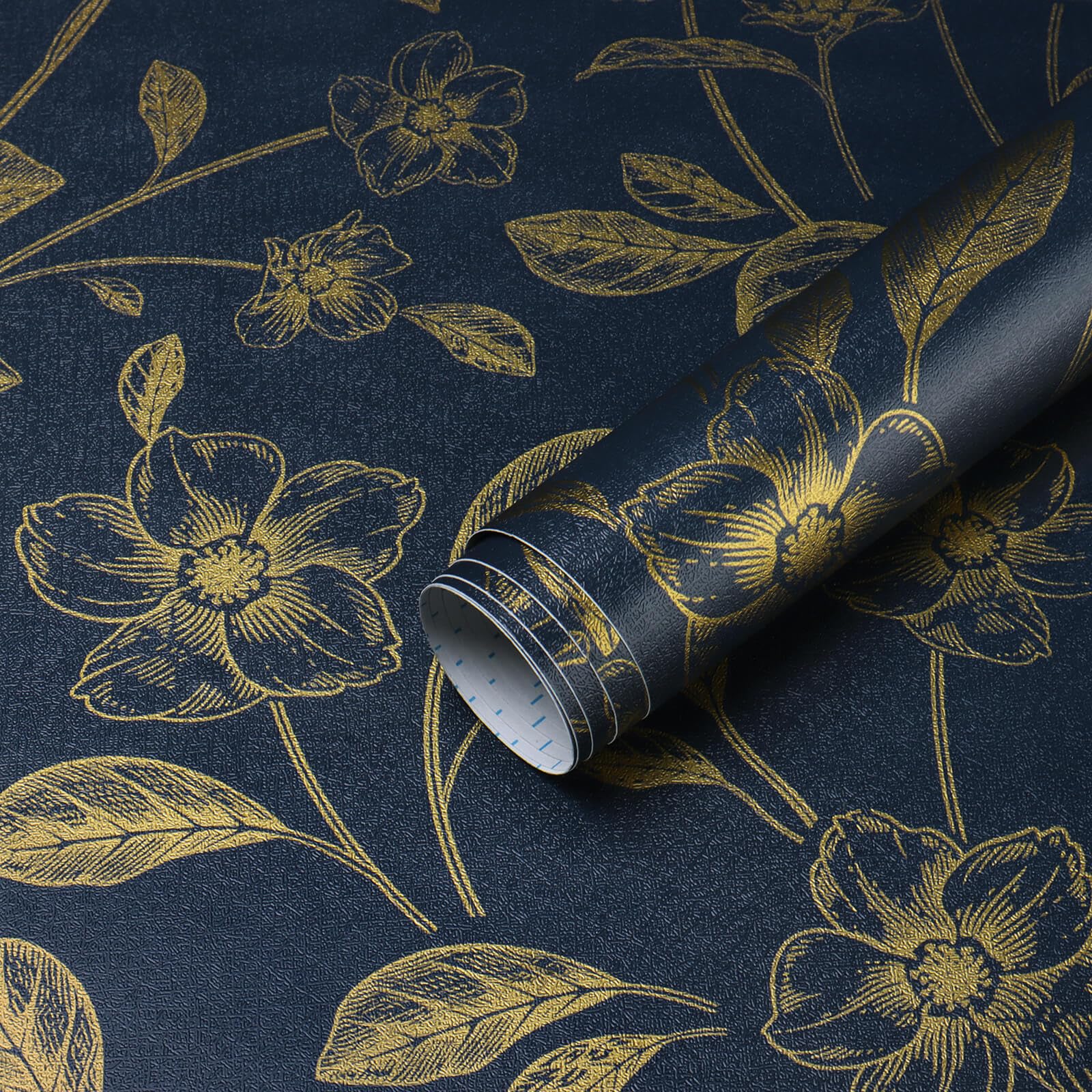 Heroad Floral Wallpaper Peel and Stick Navy Blue and Gold Contact Paper Boho Wall Paper Peel and Stick Modern Clearance Wallpaper for Cabinets and