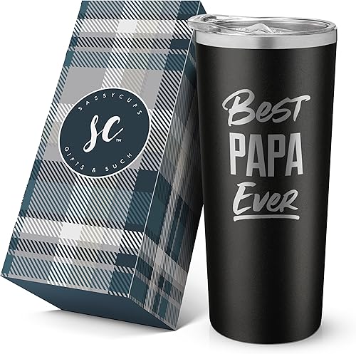 SassyCups Vaso de viaje de acero inoxidable con tapa duradera y pajilla, regalo para papá con aislamiento al vacío, con tapa duradera y pajita,
