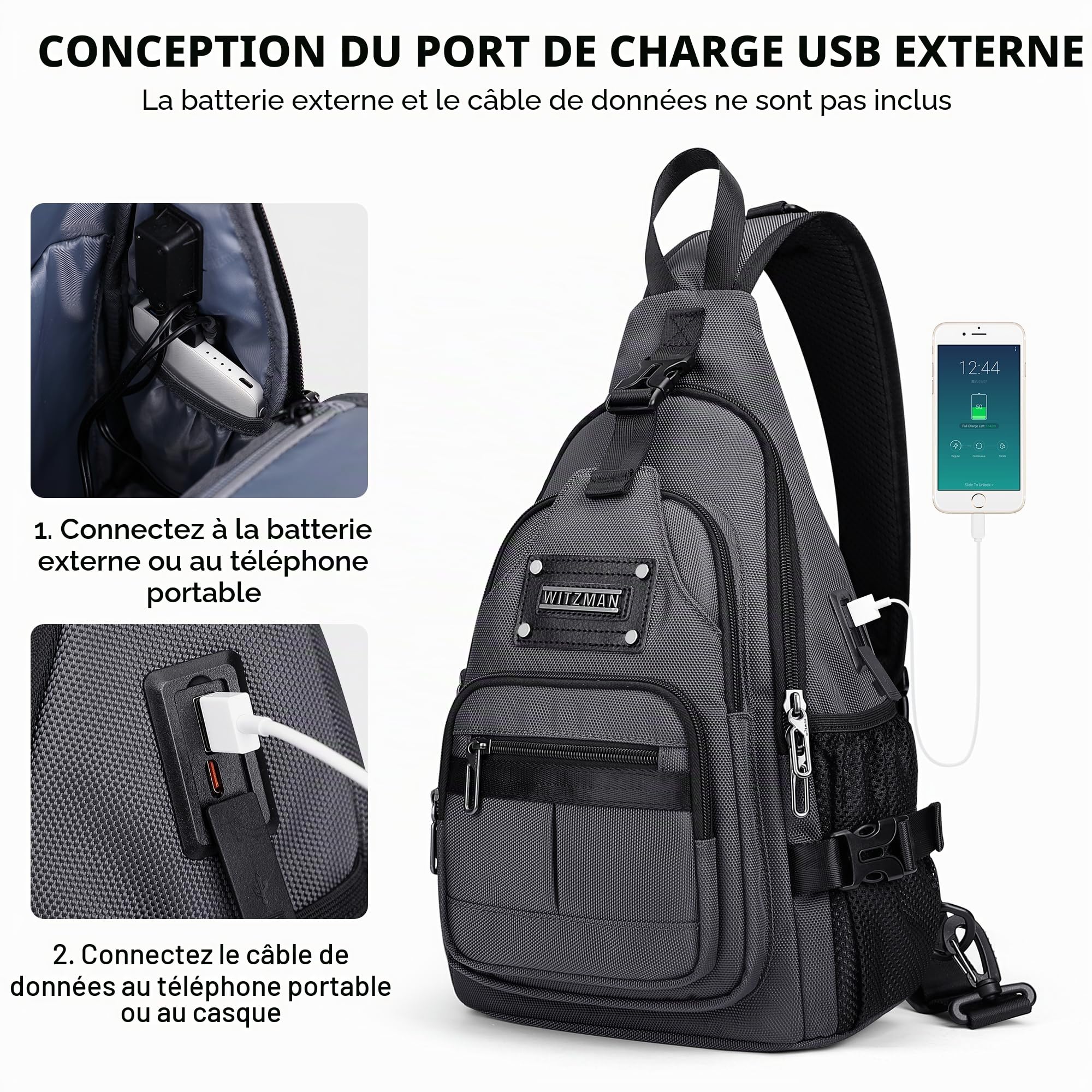 WITZMAN Sac Bandoulière Homme, Sac Poitrine Décontracté Port Charge USB | Sacoche 19L Étanche Multi-Poches Compatible iPad 9,7 Pouces, Pour Randonnée, Quotidien, Extérieur Et Travail, Gris