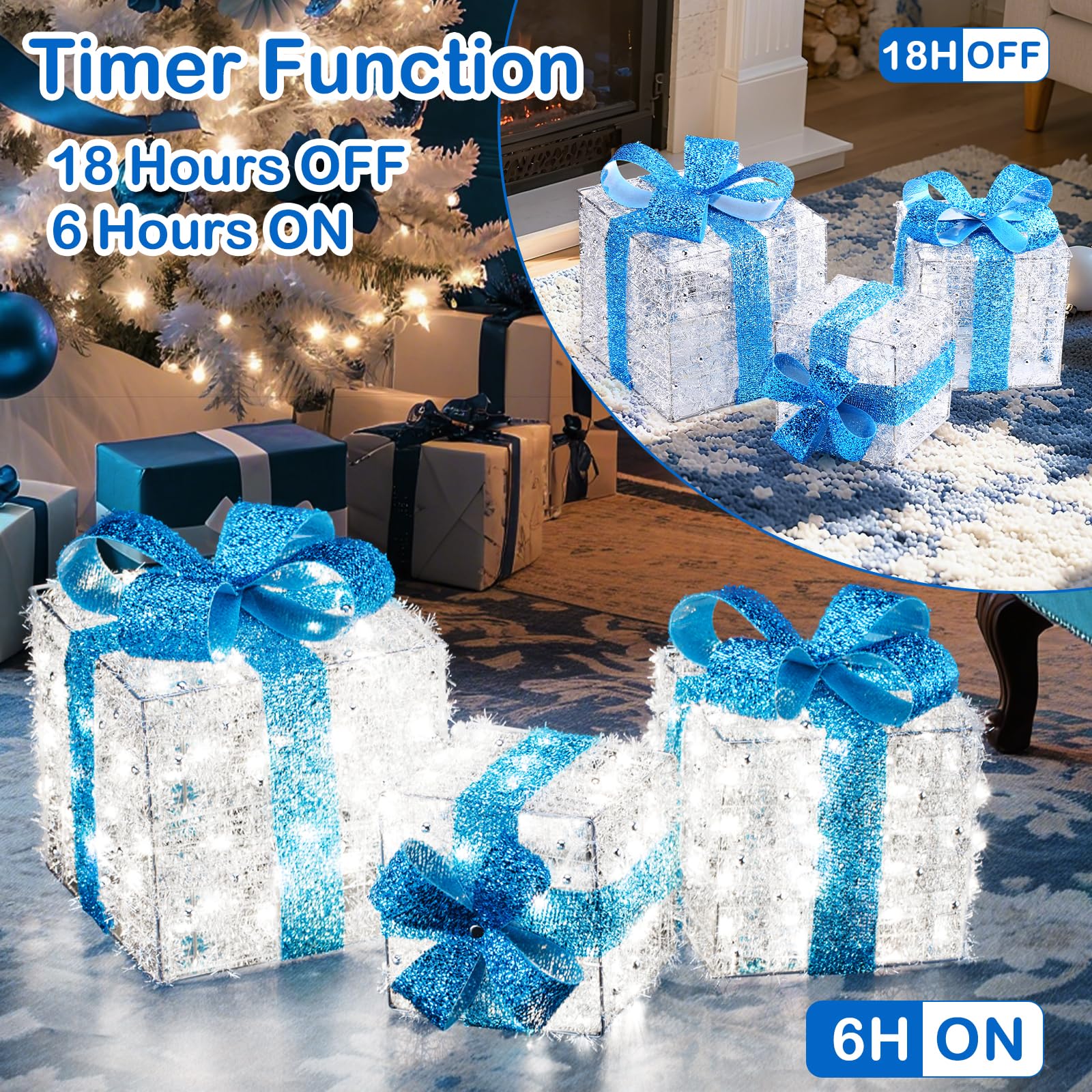 Christmas Decorations, 140 LEDs Set of 3 Lighted Gift Boxes with Silver Tinsel and Bows, Warm White Present Boxes for Indoor Outdoor Holiday Party Yard Bedroom Home Xmas Decor: Blue