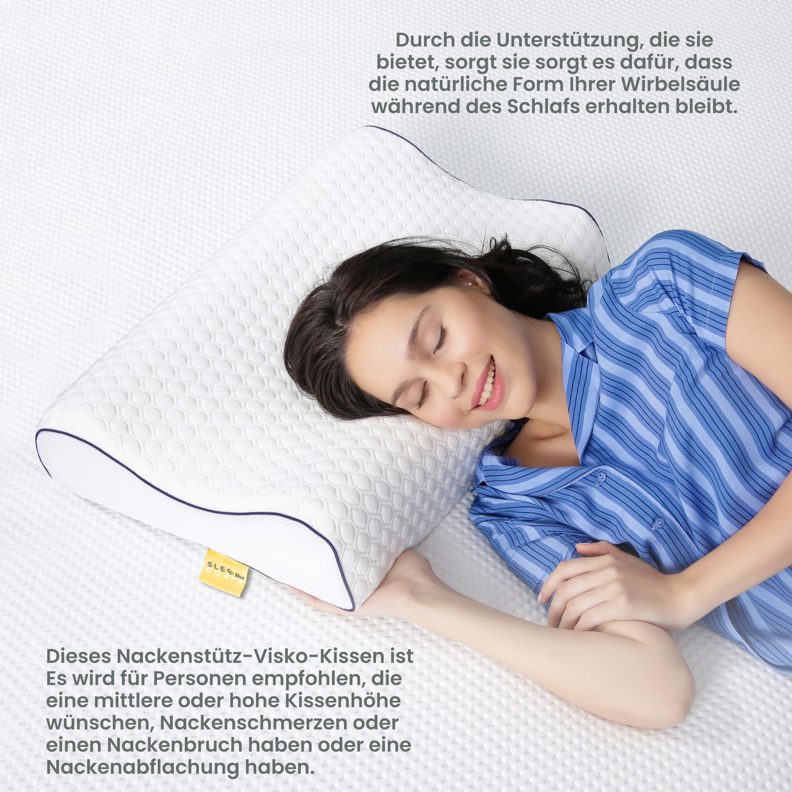 SLEEP COMFY - Premium Visco HWS Nackenkissen, 60x40x14/12cm, Kopfkissen mit Bezug, Nackenstützkissen Memory Foam Ergonomisches, Orthopädisches Kissen Seitenschläfer und Rückenschläfer, Antischnarchen