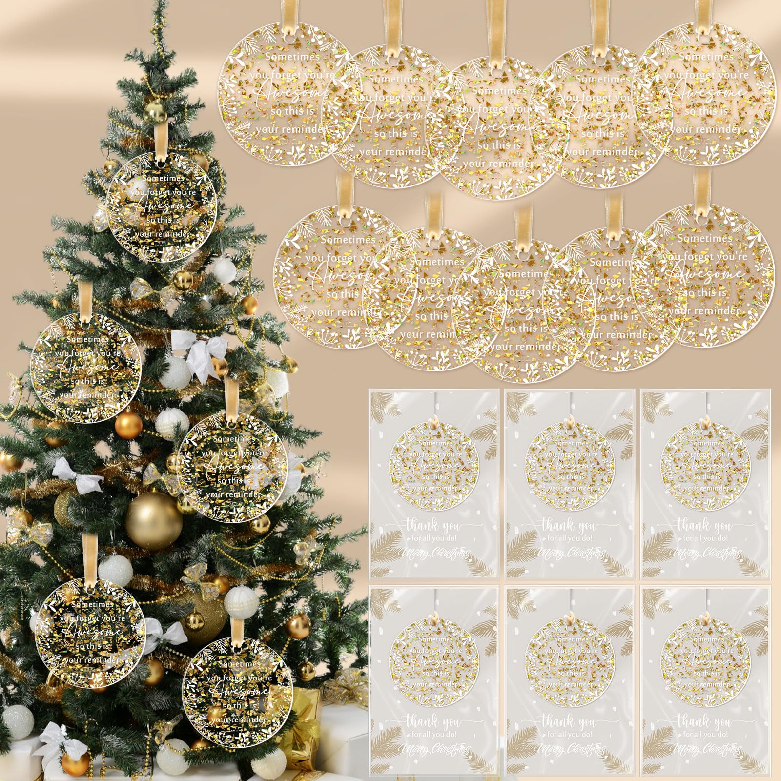 Kasyat Christmas Thank You Ornaments for Coworkers Employee Appreciation Gifts Bulk Acrylic Hanging Round Pendant Xmas Tree Ornament with Card for