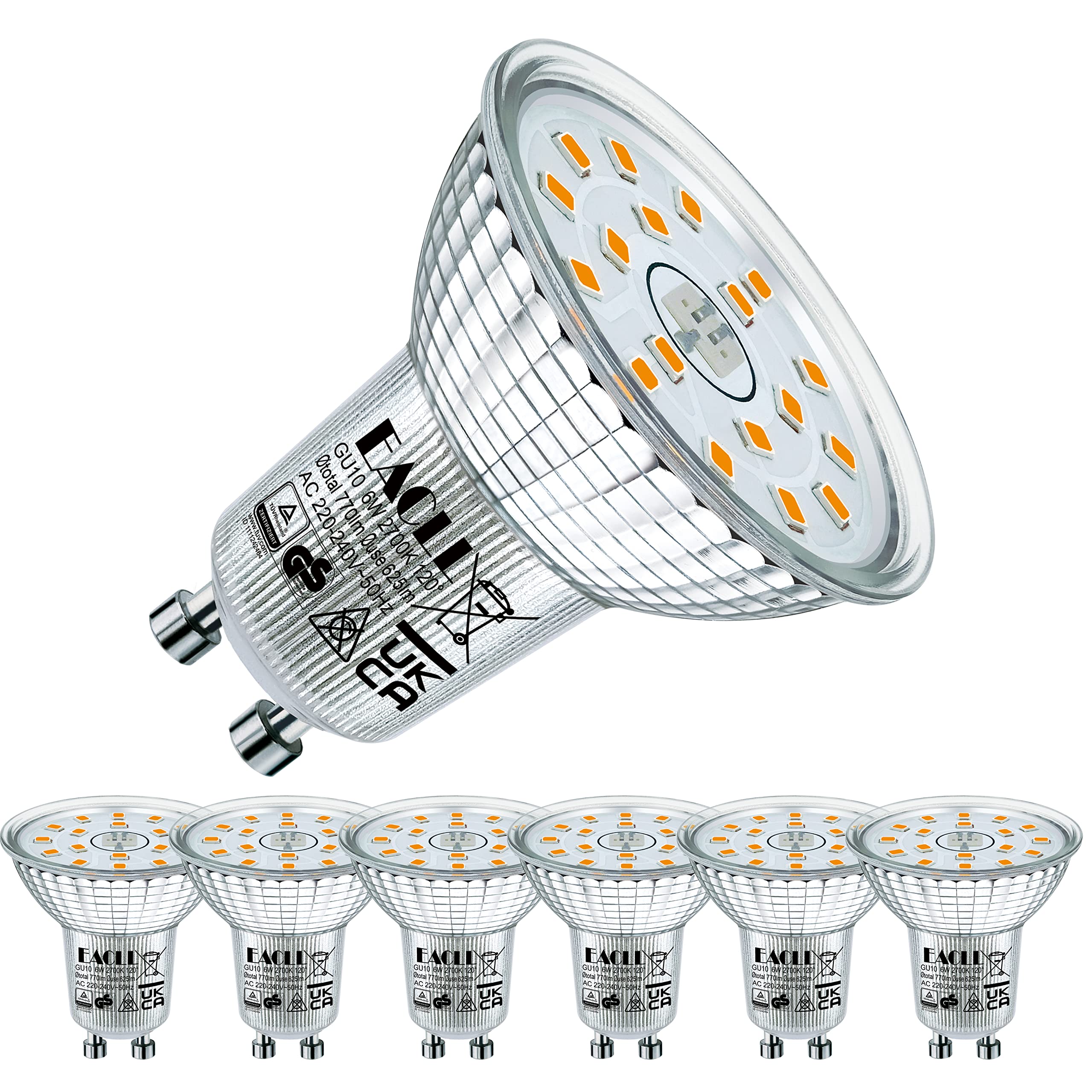 EACLL GU10 LED Lampen, 4/6/10er-Pack, 2700K 3000K 4000K 6000K 6W Ersetzt Halogen Leuchtmittel, Flimmerfrei, Abstrahlwinkel 120°, Nicht Dimmbar Reflektorlampen