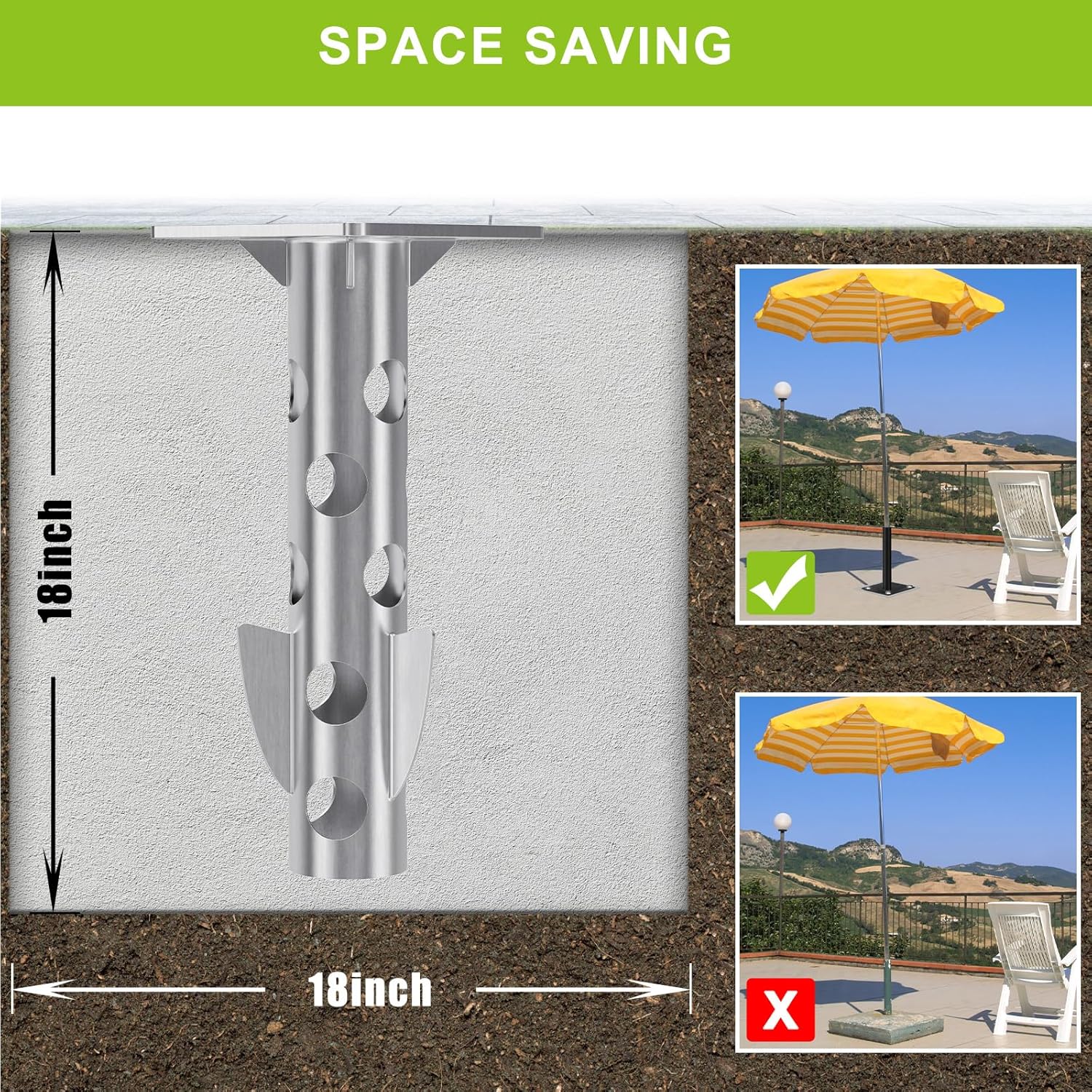 Universal In-Ground Umbrella Base, Rust-Resistant Steel Concrete Holder, Space-Saving Design for Outdoor Offset Cantilever Upright Umbrella Stand