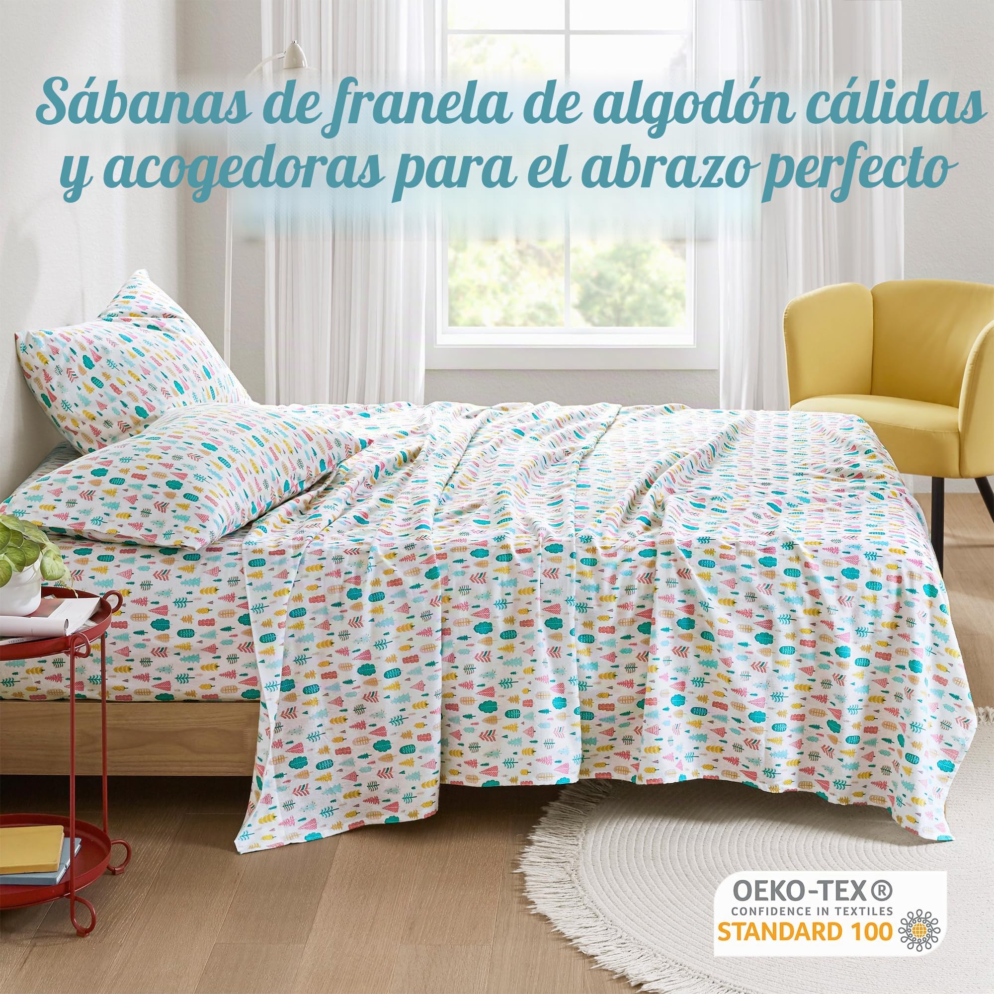 Intelligent Design - Juego de sábanas en cálida Franela de algodón, Transpirable, Bonito Estampado navideño, Bajera Especial para colchones de hasta 40,5 cm, para Cama de Matrimonio «Queen», árboles
