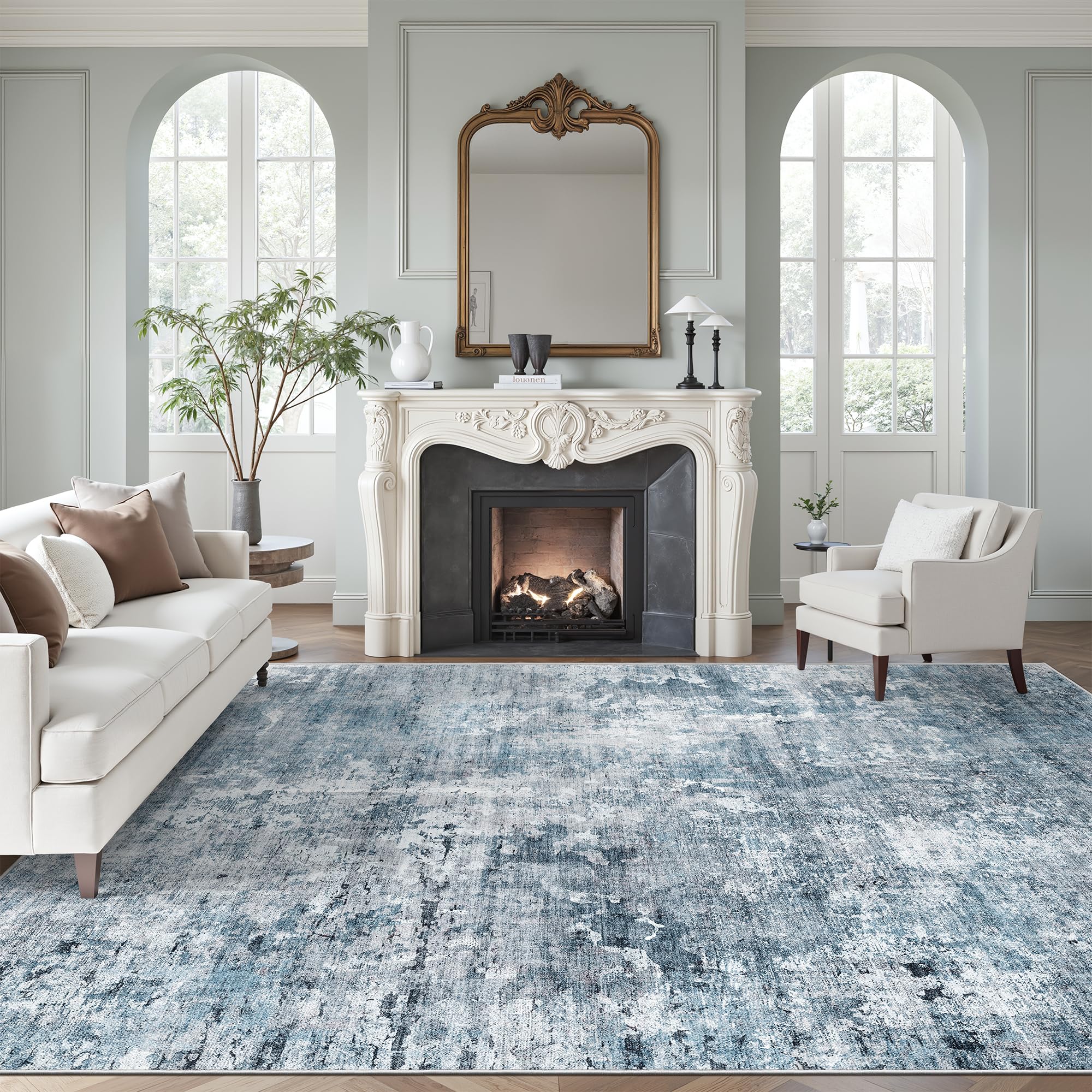 Soalmost Abstract Rug 8x10 Large Living Room Rugs Neutral Modern Washable Area Rugs for Bedroom Dining Room Non-Slip Stain Resistant Foldable Thin Blue
