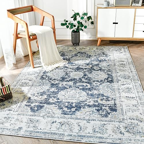 JINCHAN Area Rug 3x5 Persian Rug Vintage Dark Blue Rug Chenille Floral Print Thin Rug Indoor Floor Cover Foldable Mat Non Slip Bathroom Doormat Kitchen Living Room Bedroom